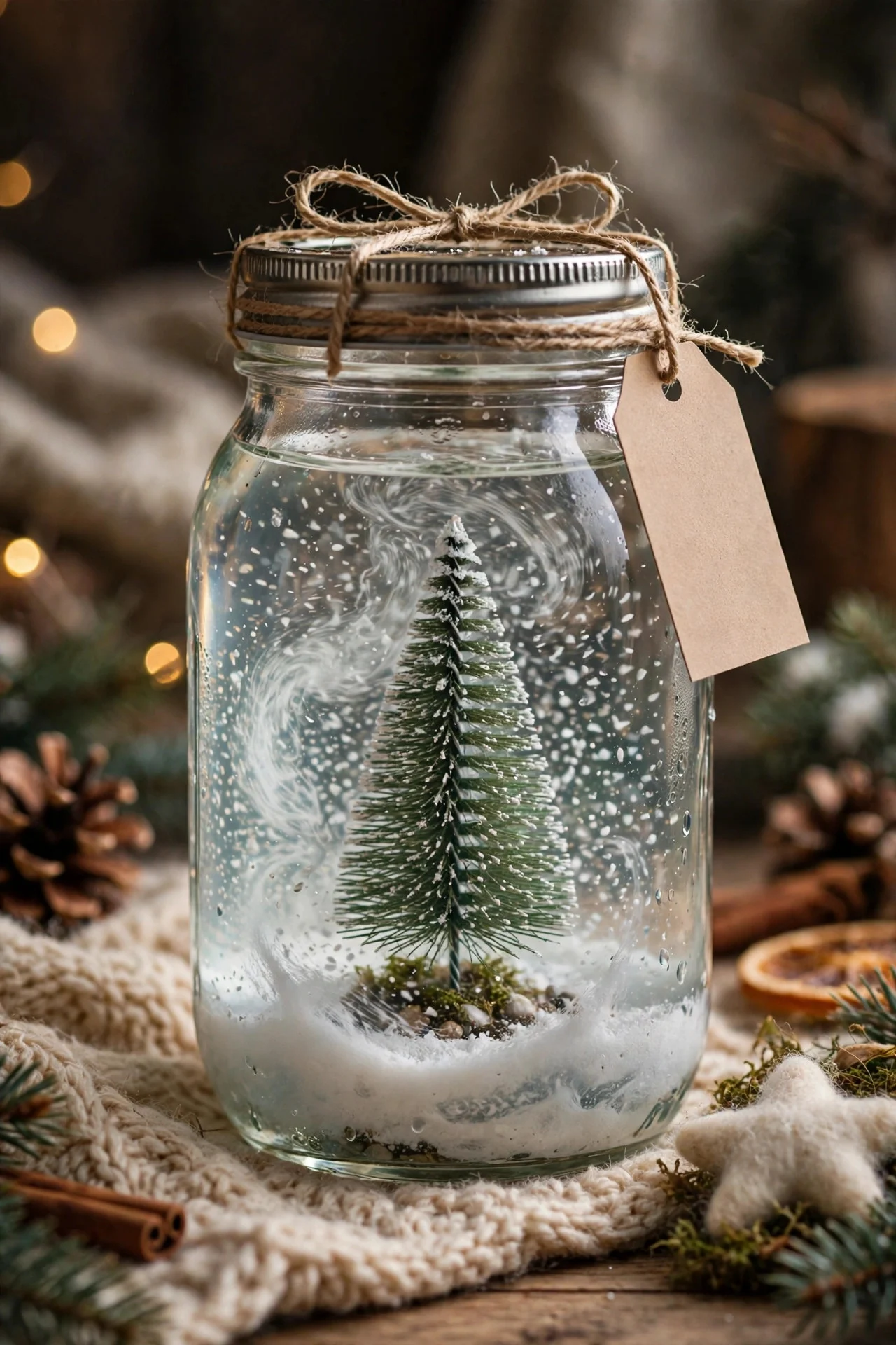 DIY mason jar snow globe with bottle-brush tree