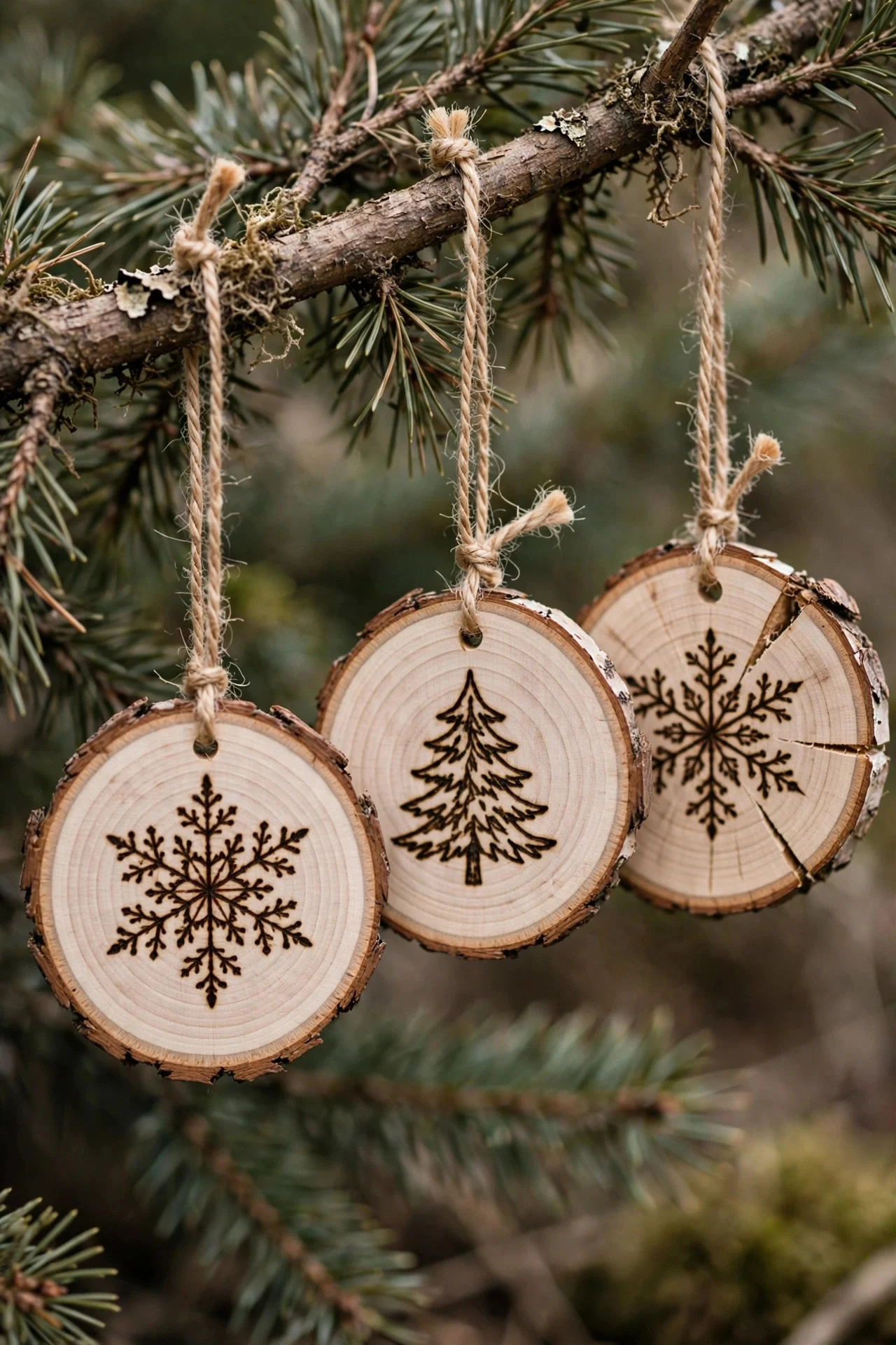 Wood slice ornaments with wood-burned designs