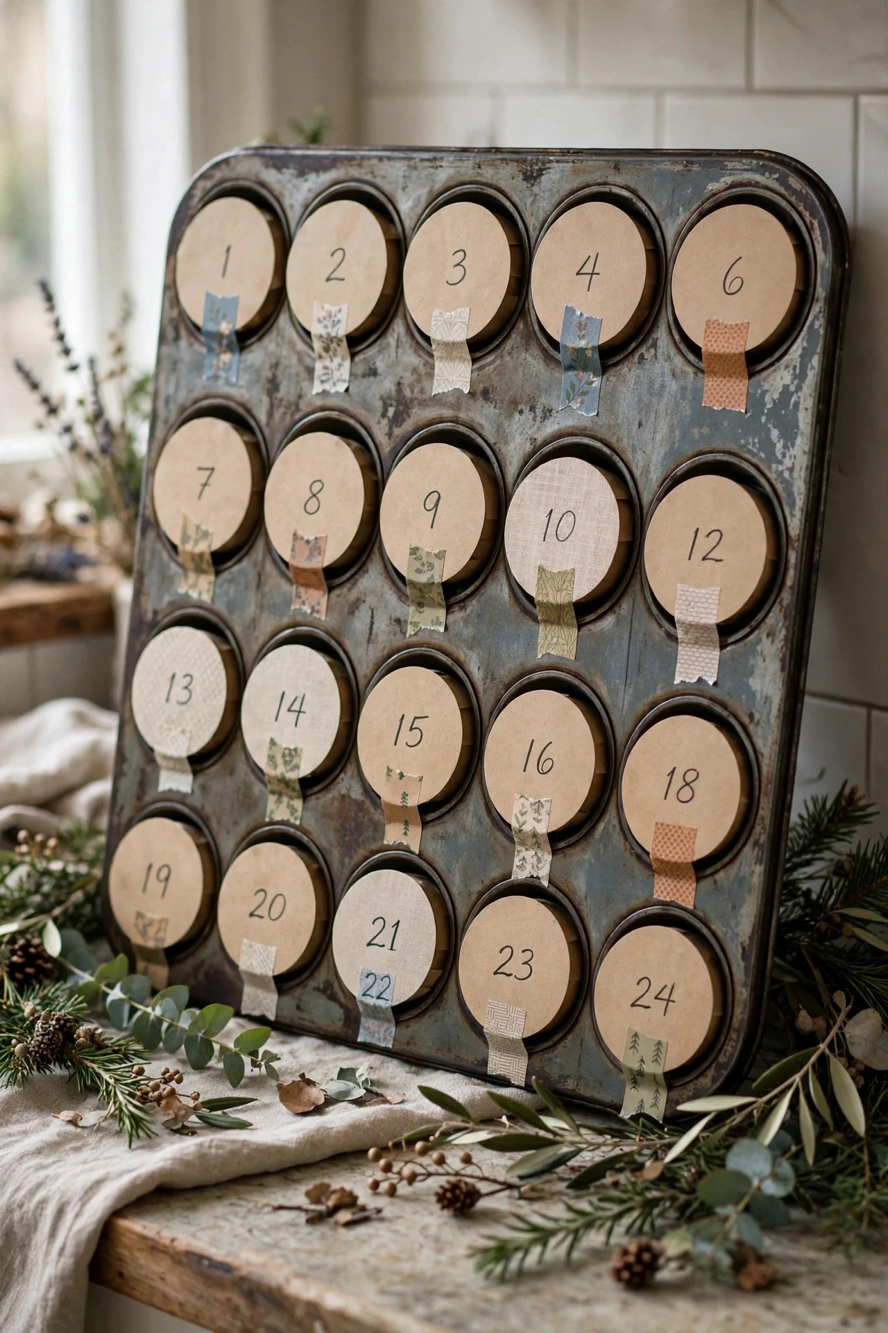 Muffin tin Advent calendar with numbered kraft paper covers