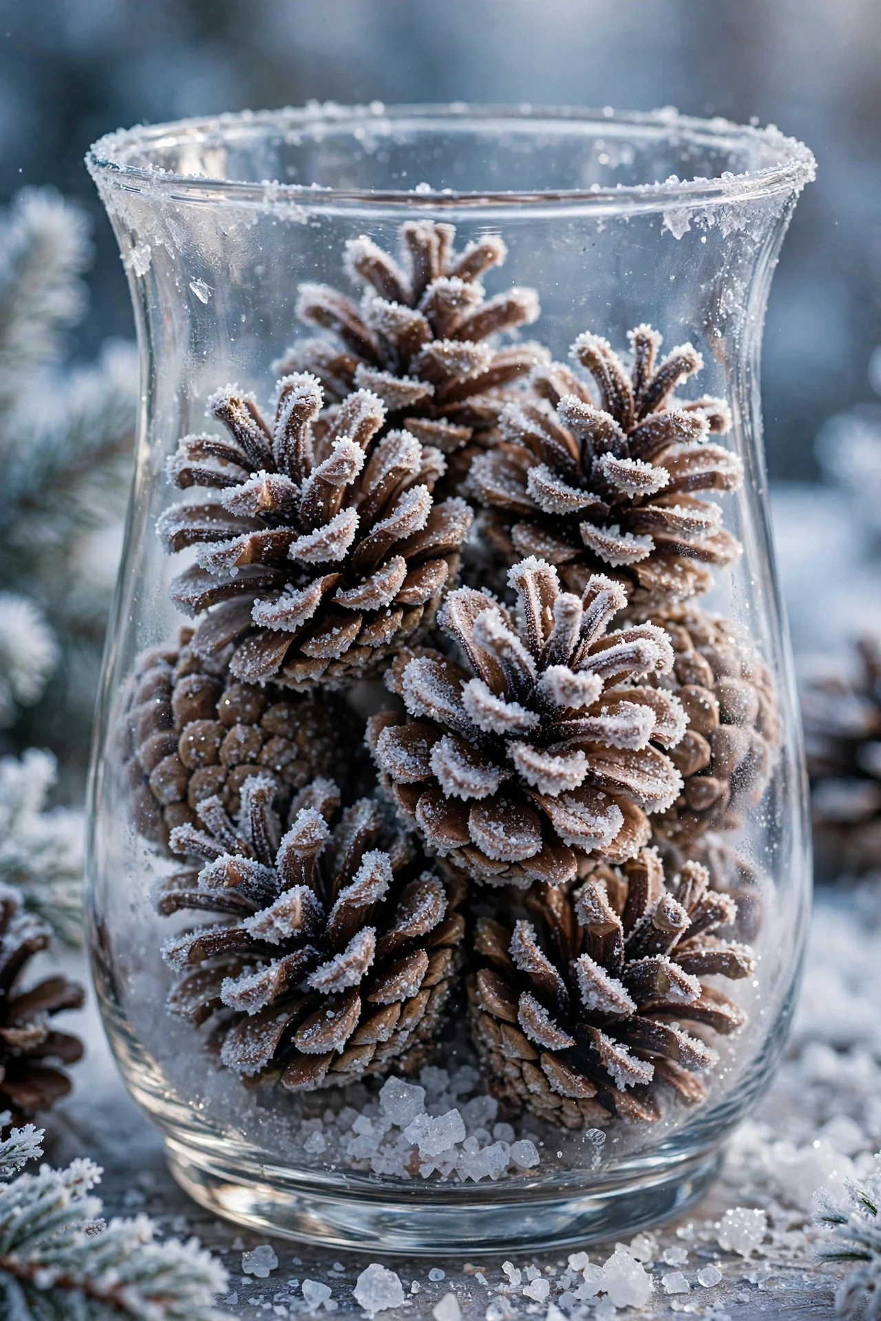 Epsom salt frosted pinecones in a glass vase