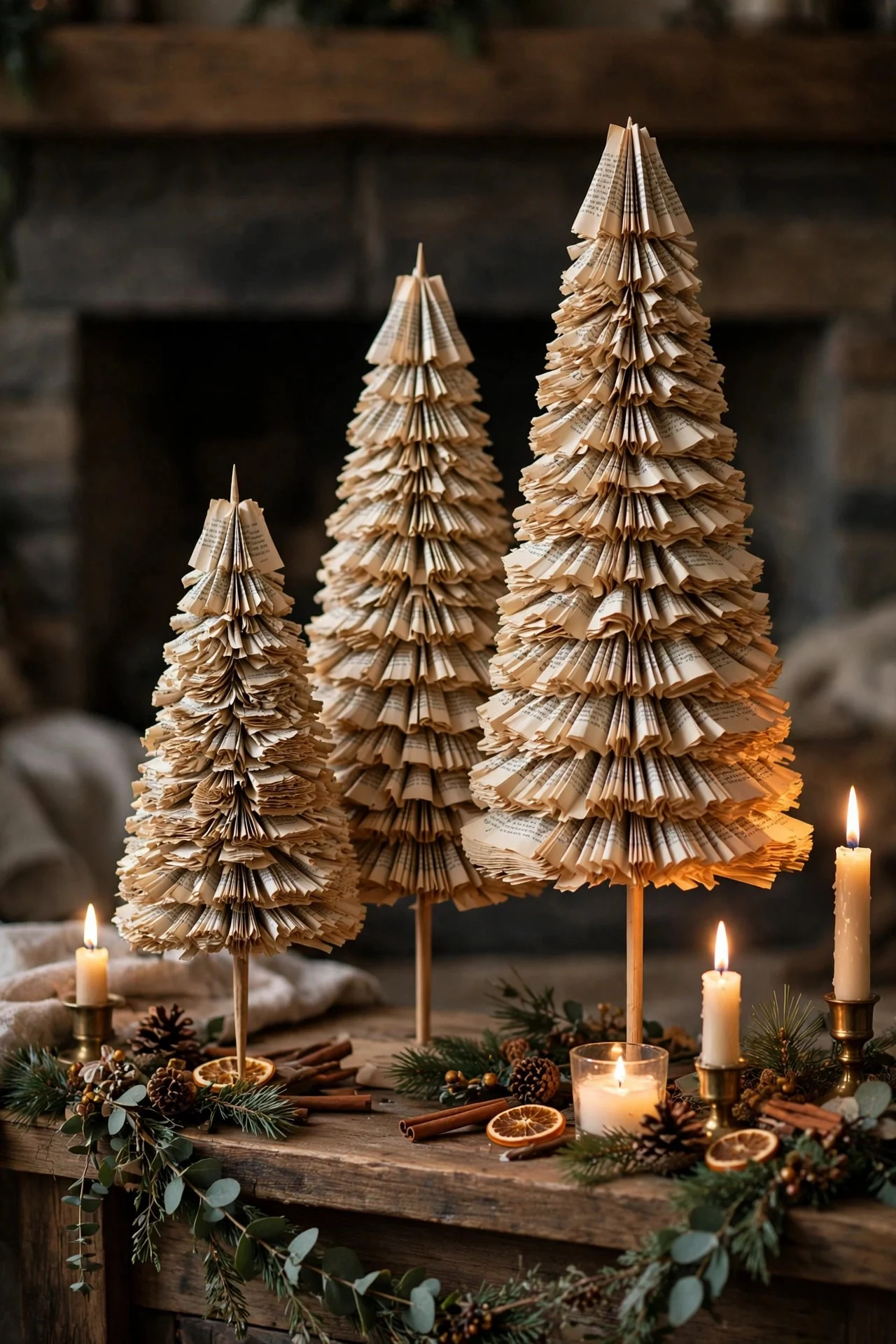 Christmas trees made from stacked book pages