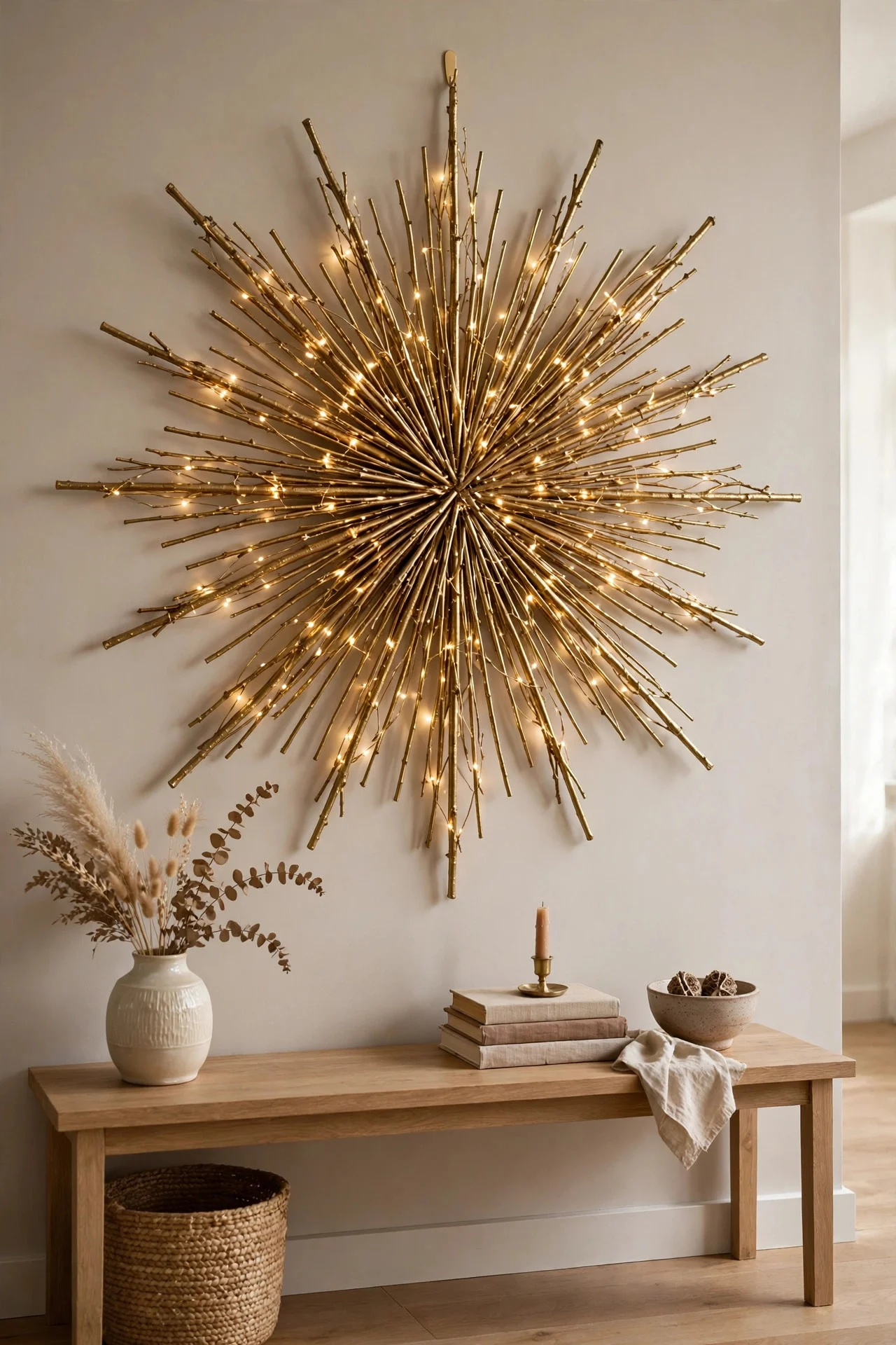 Gold twig starburst wall hanging with fairy lights