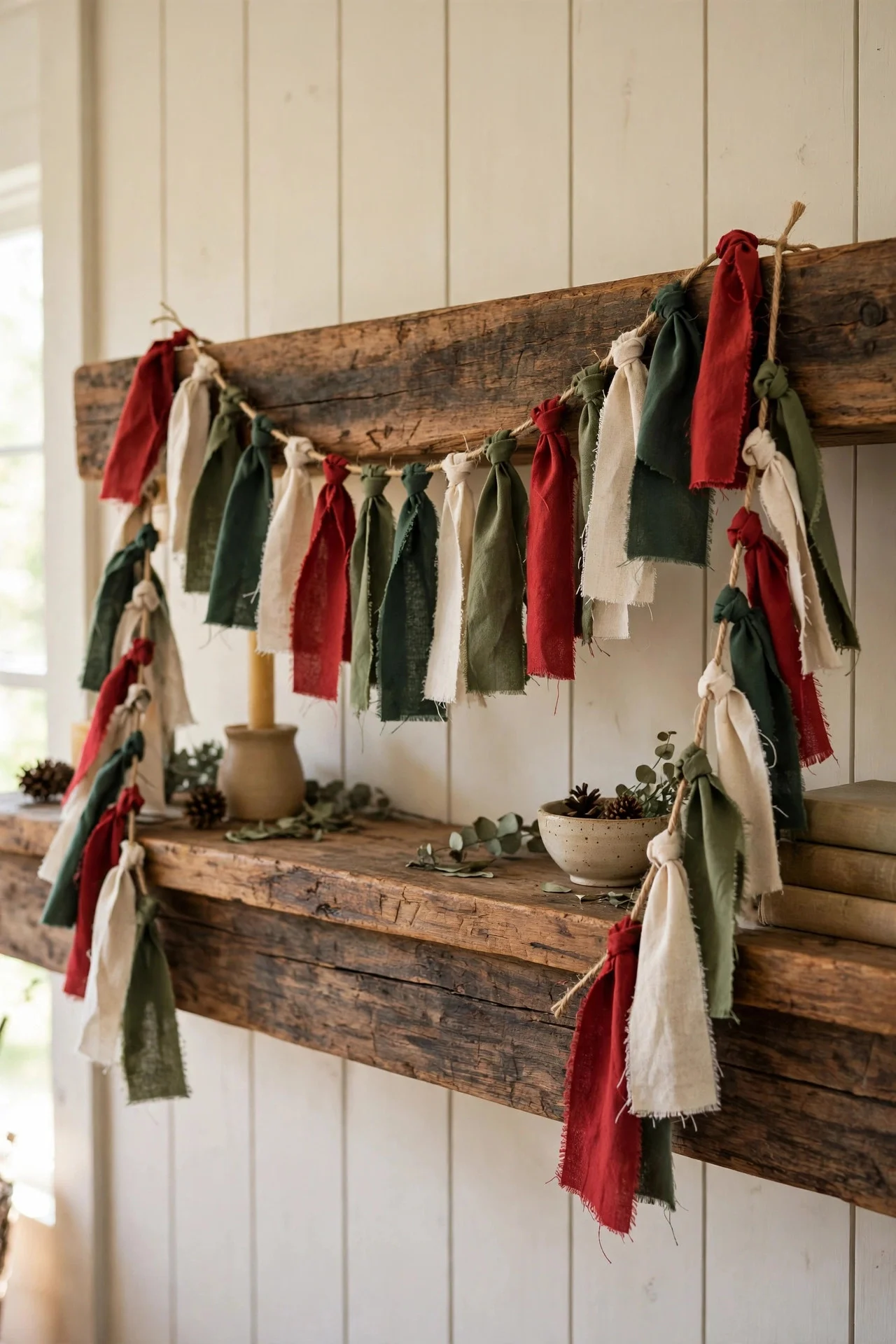 Fabric scrap garland draped on a mantel