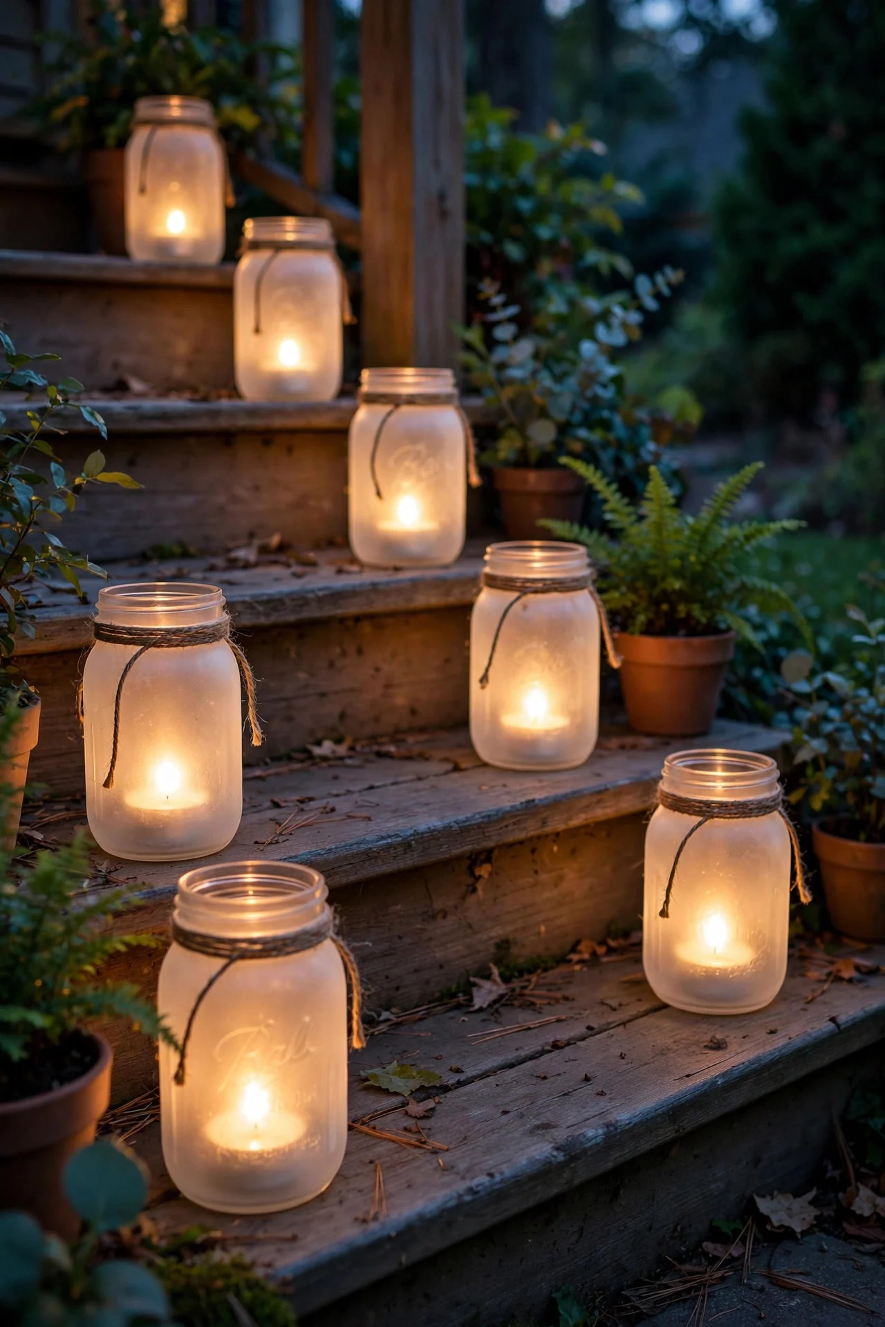 Frosted mason jar luminaries glowing on porch steps