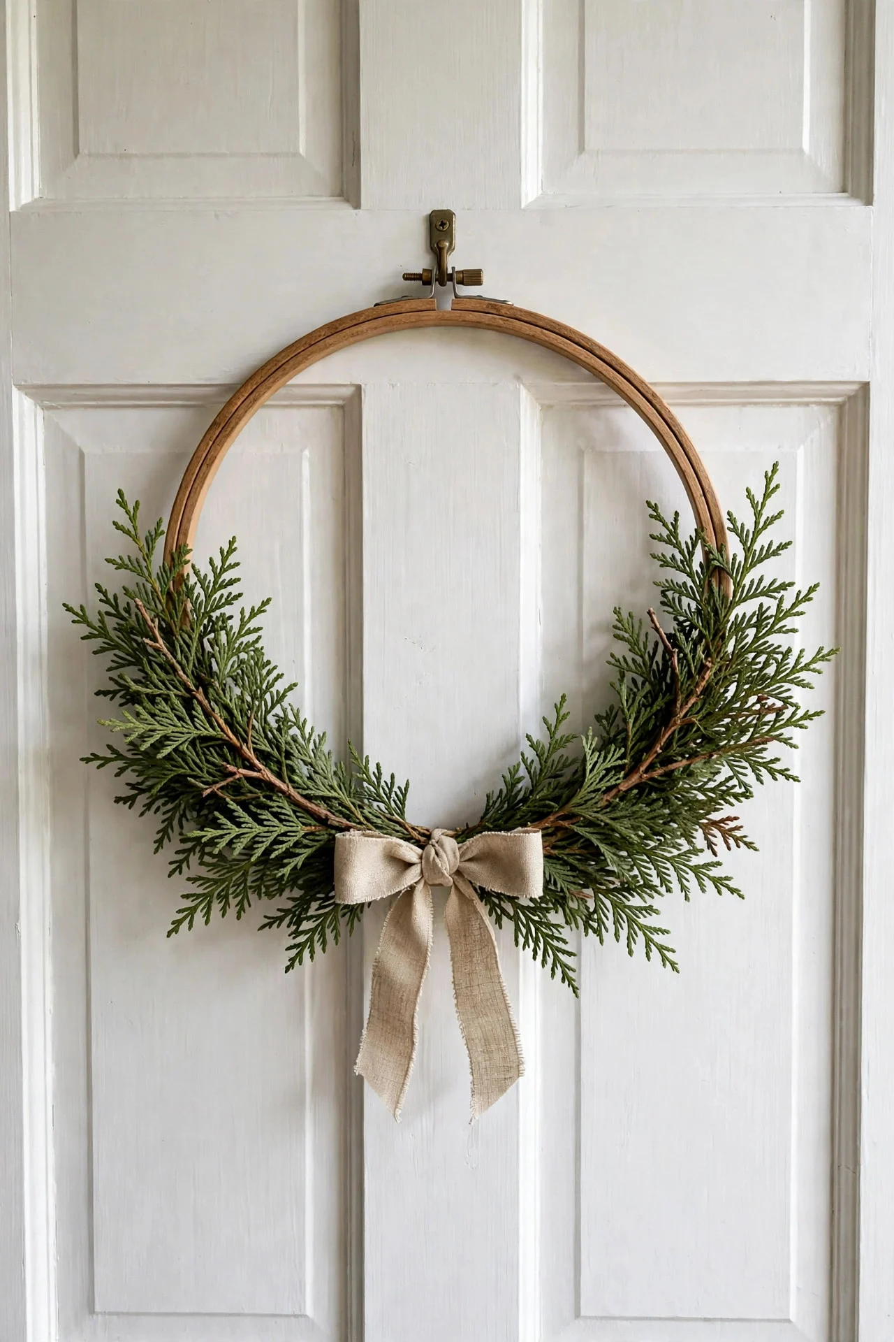 Embroidery hoop wreath with fresh greenery