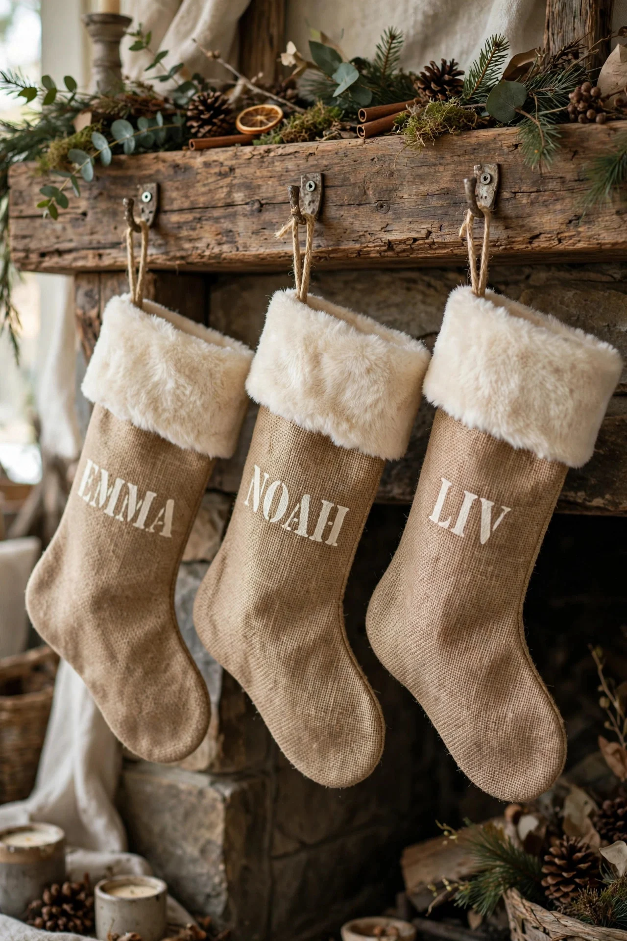 No-sew burlap stockings with fur cuffs on a mantel