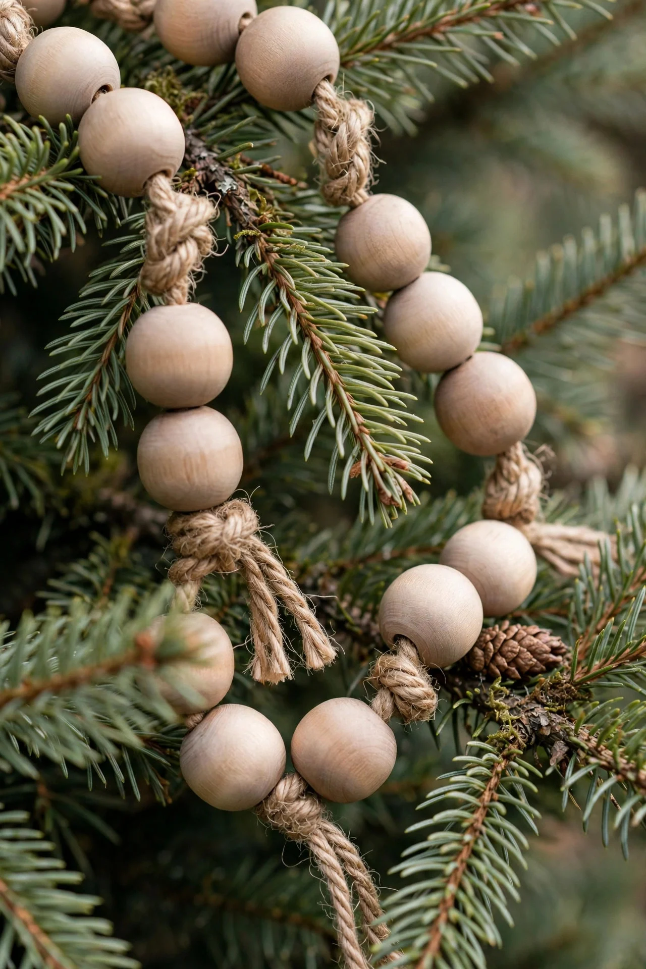 Wooden bead garland on a Christmas tree