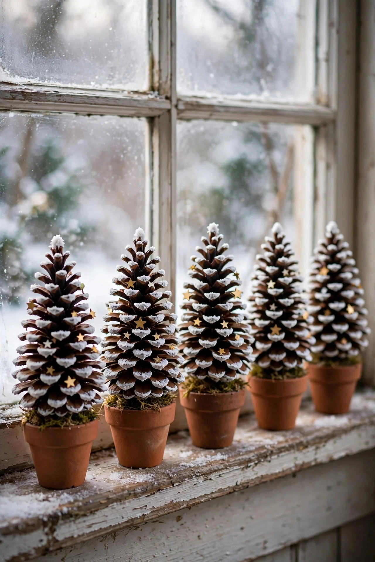 Miniature pinecone Christmas trees in terracotta pots