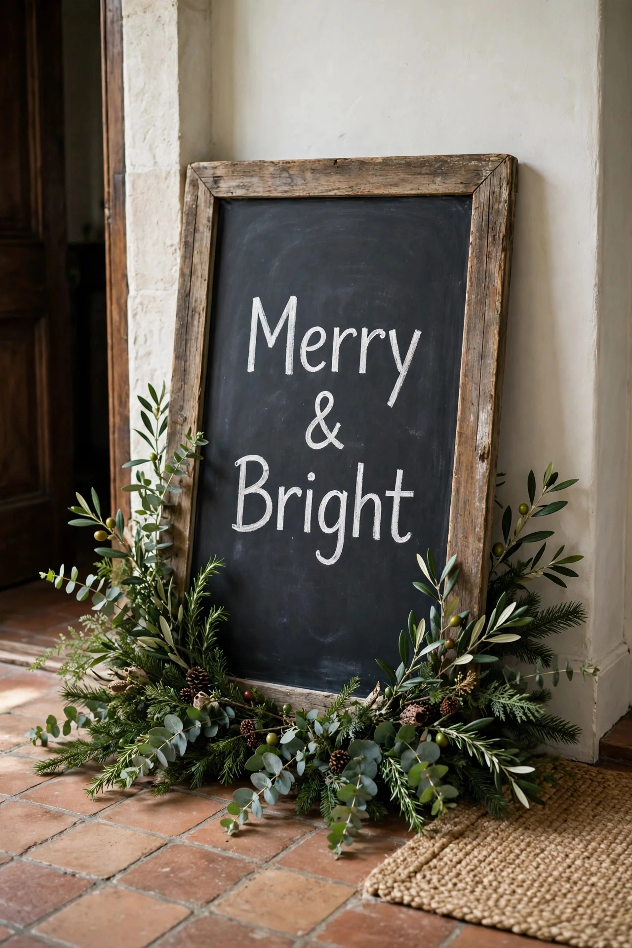 Chalkboard welcome sign in a Christmas entryway