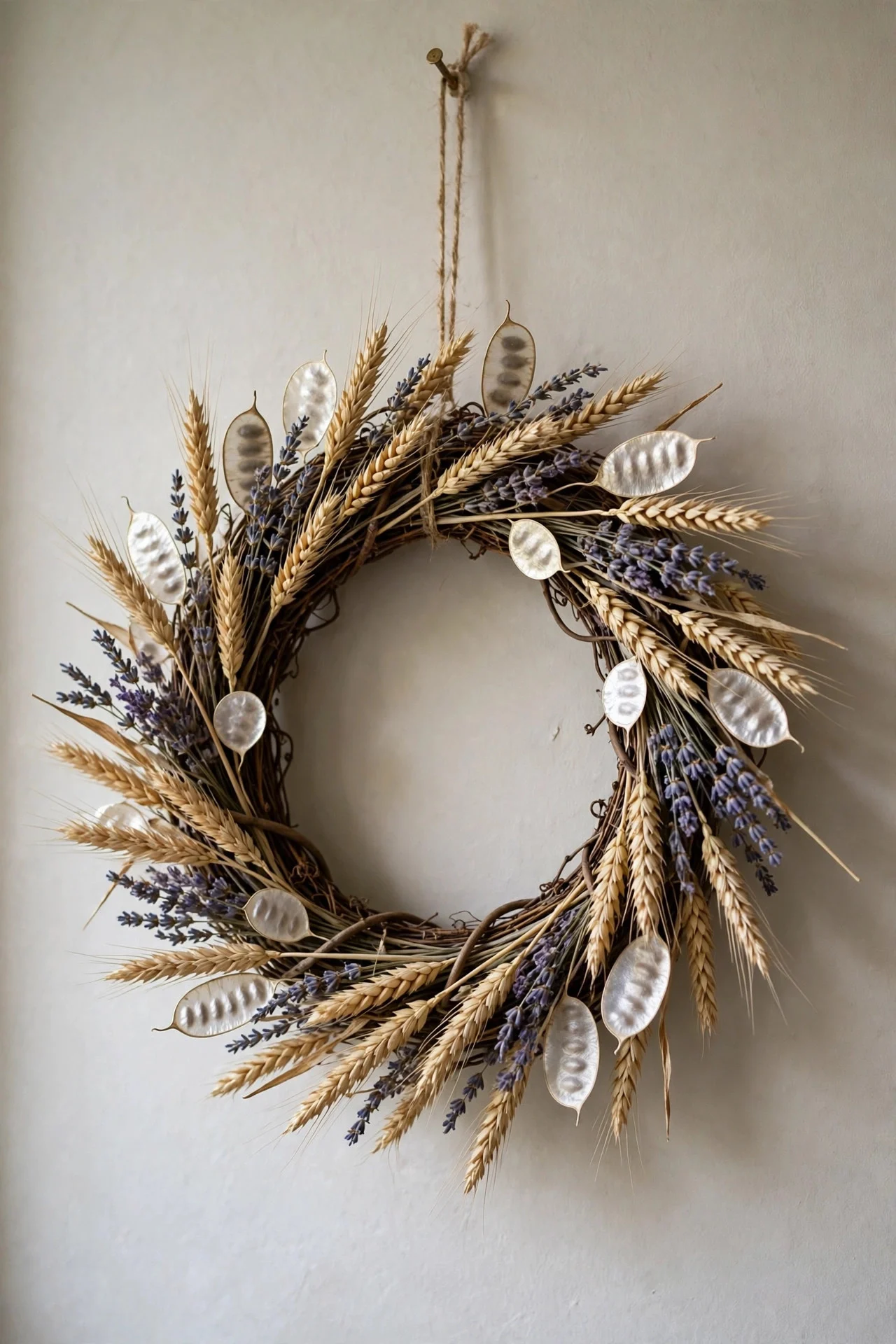 Dried wheat and lunaria wreath on an interior wall