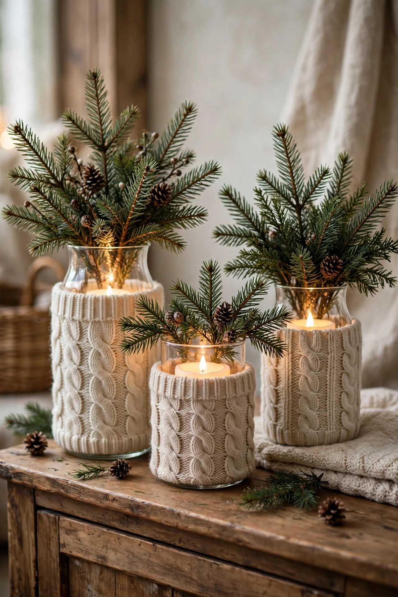 Vases wrapped in sweater sleeves with pine branches