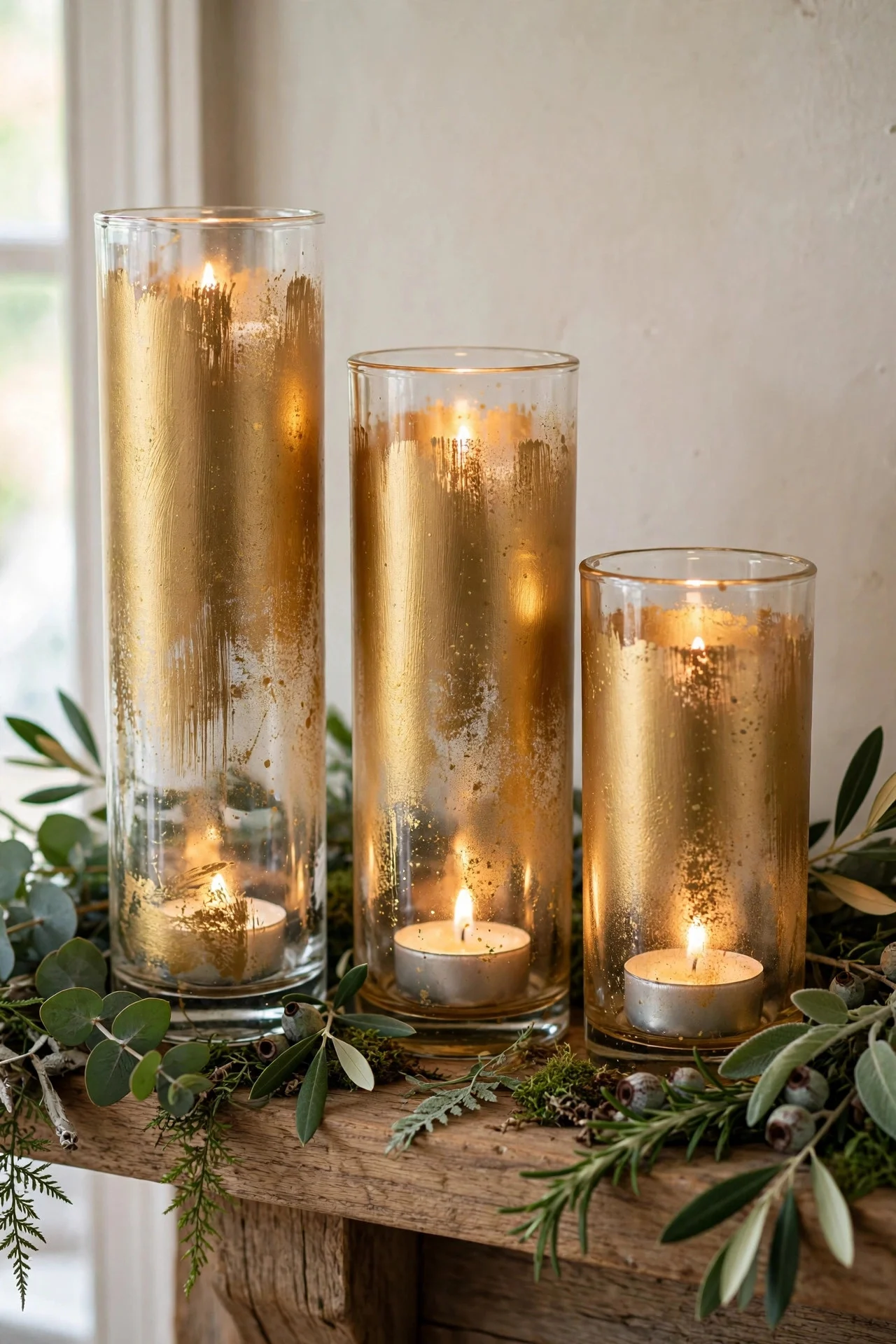 Spray-painted gold candle holders with tea lights