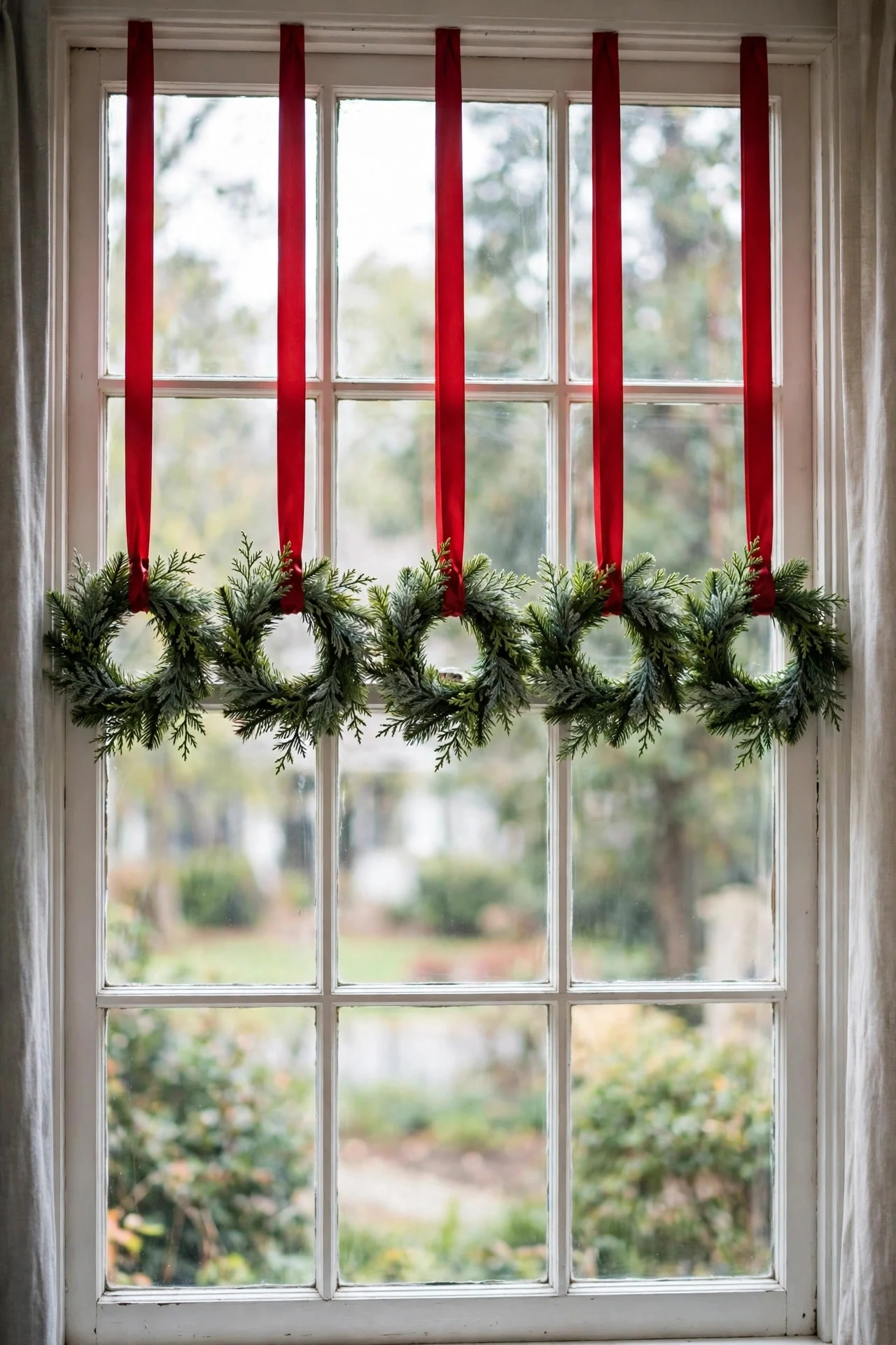 Row of small wreaths hung across a window