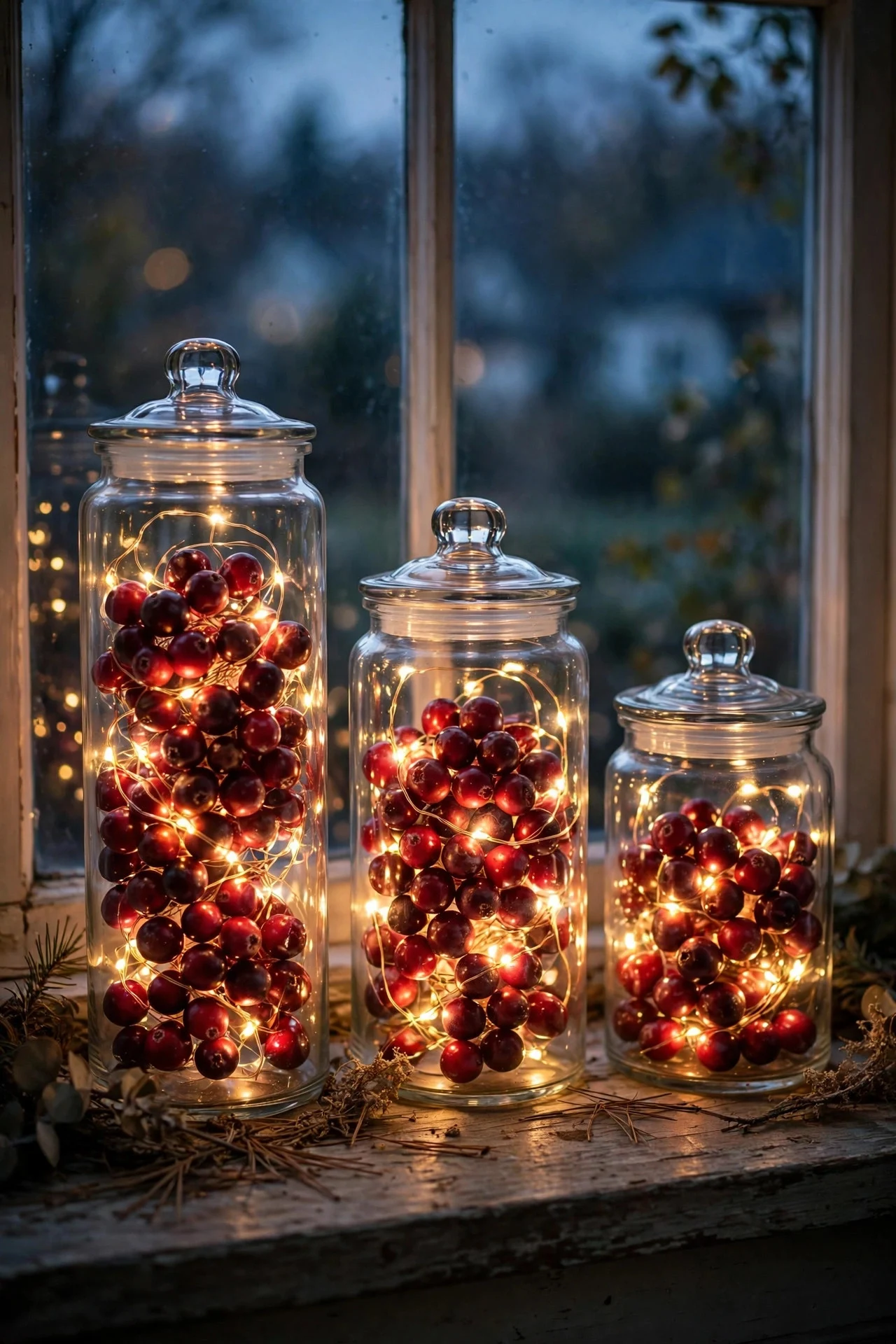Glass jars filled with fairy lights glowing on a windowsill