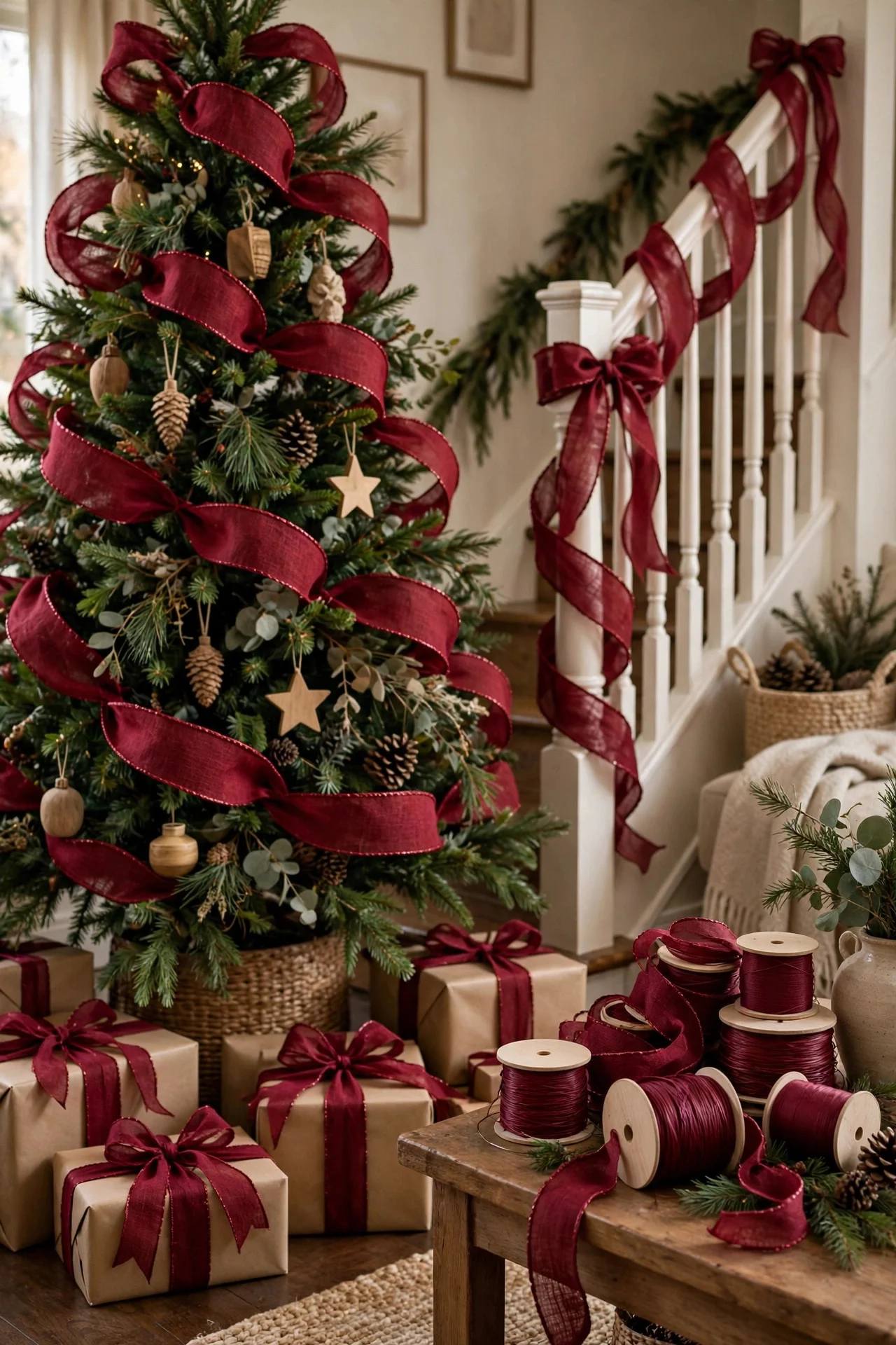 Wire-edged ribbon used on tree, railing and gifts