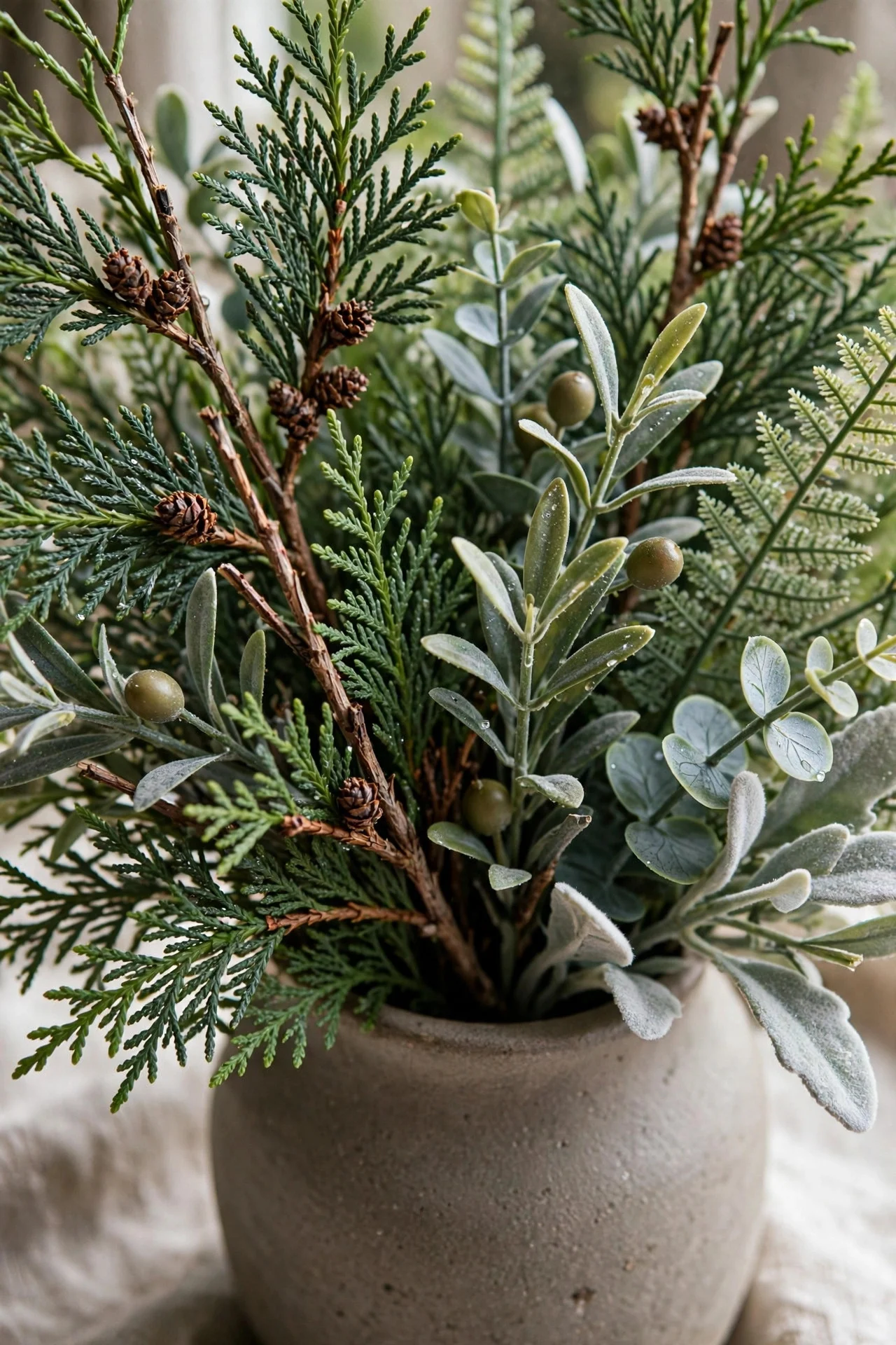 Faux greenery picks mixed with real cedar in a vase