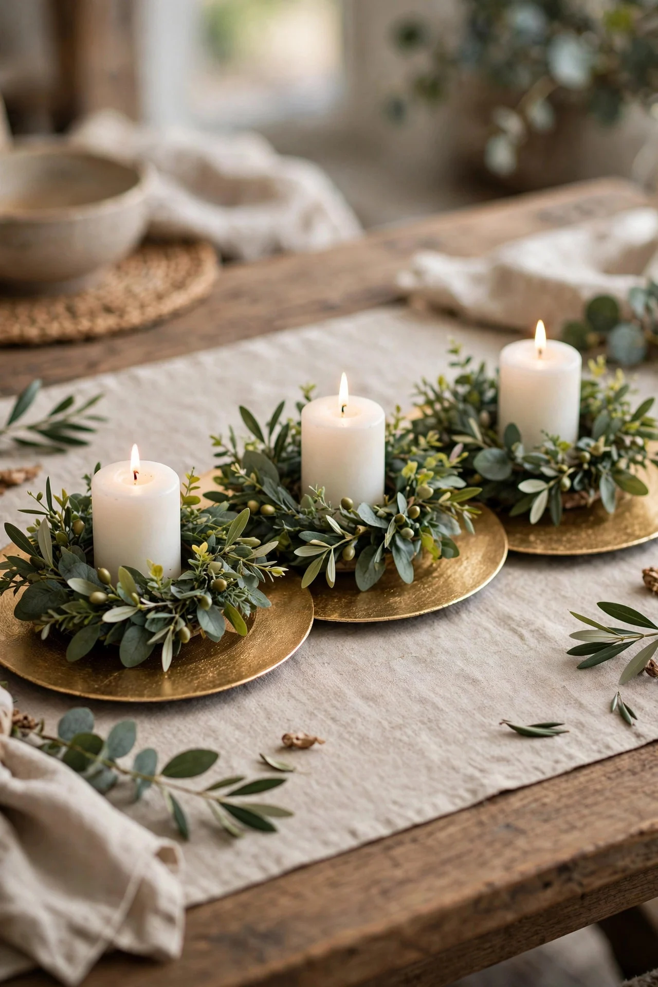 Tabletop wreath on a gold charger with pillar candle