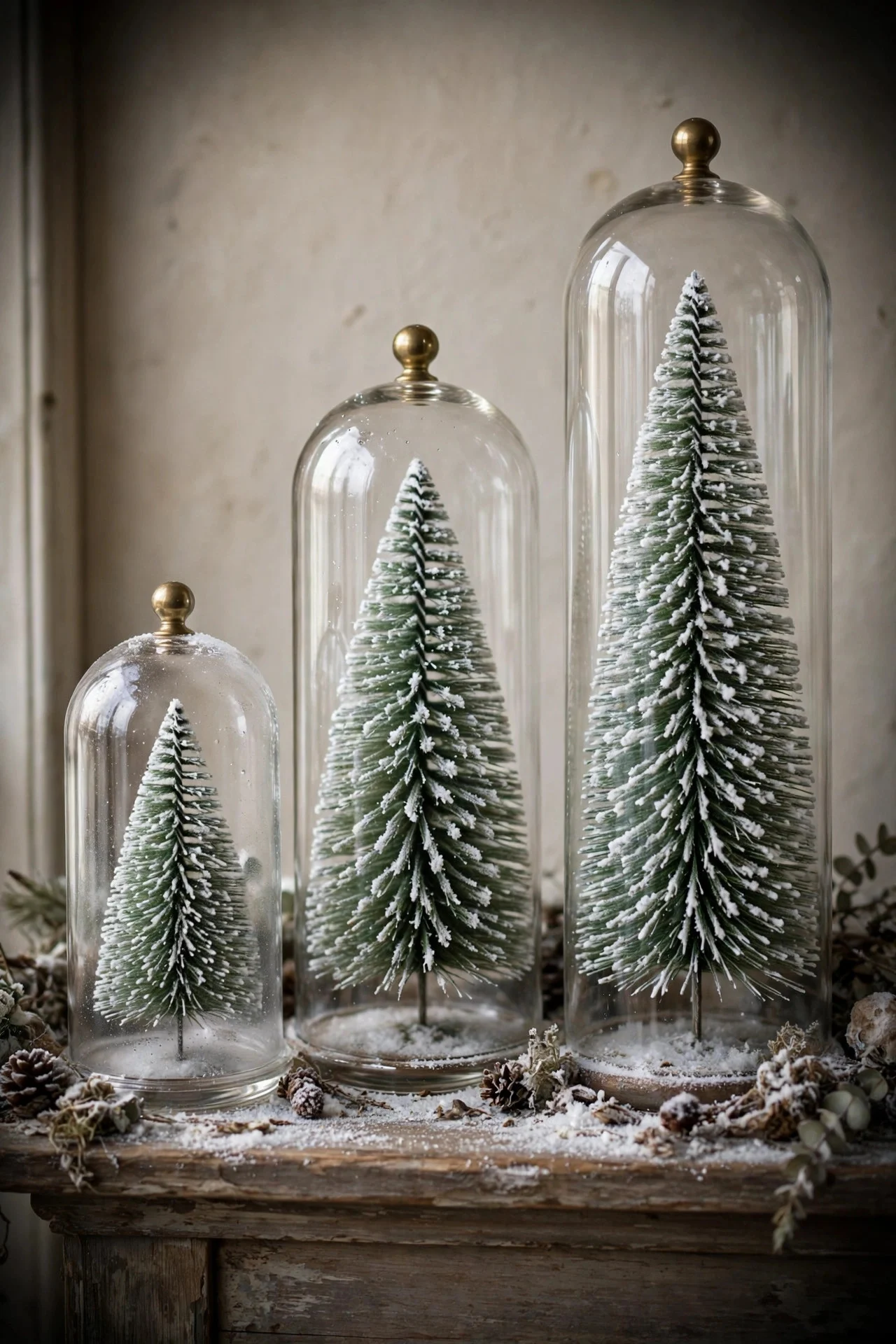 Bottle-brush trees under glass cloches on a mantel