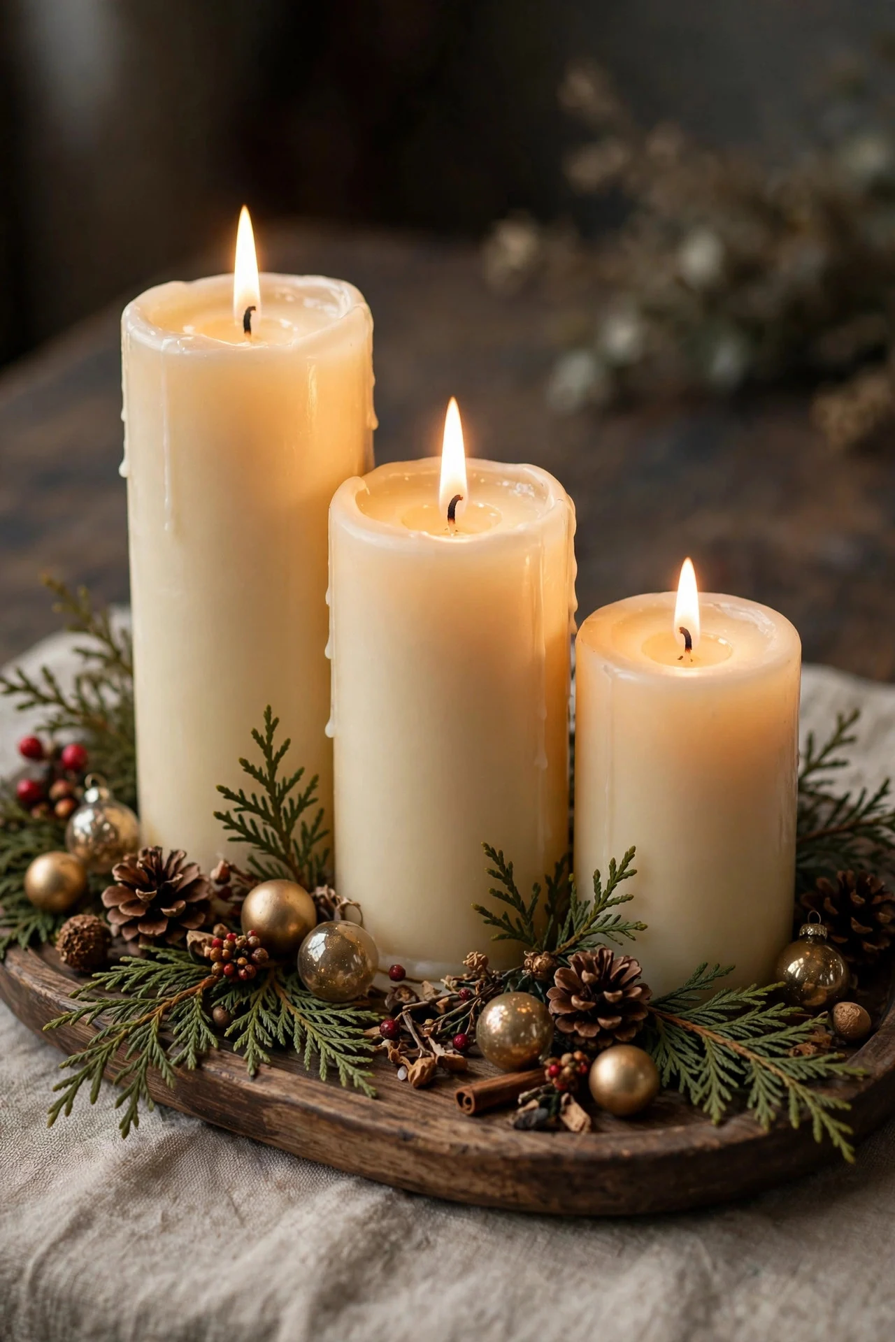 Graduated pillar candles grouped on a wooden tray