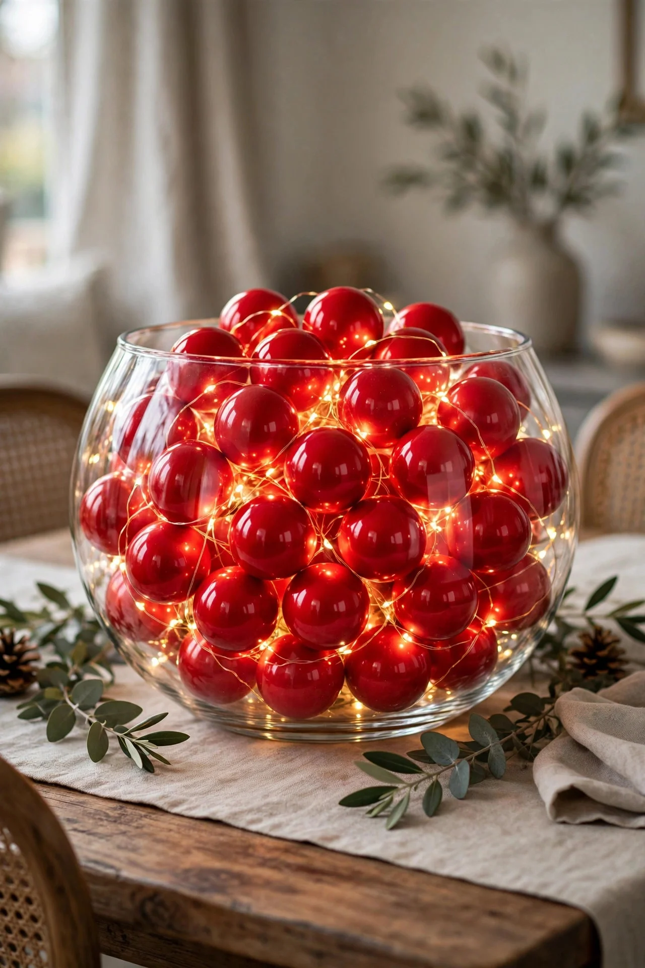 Glass bowl filled with red ornaments and fairy lights