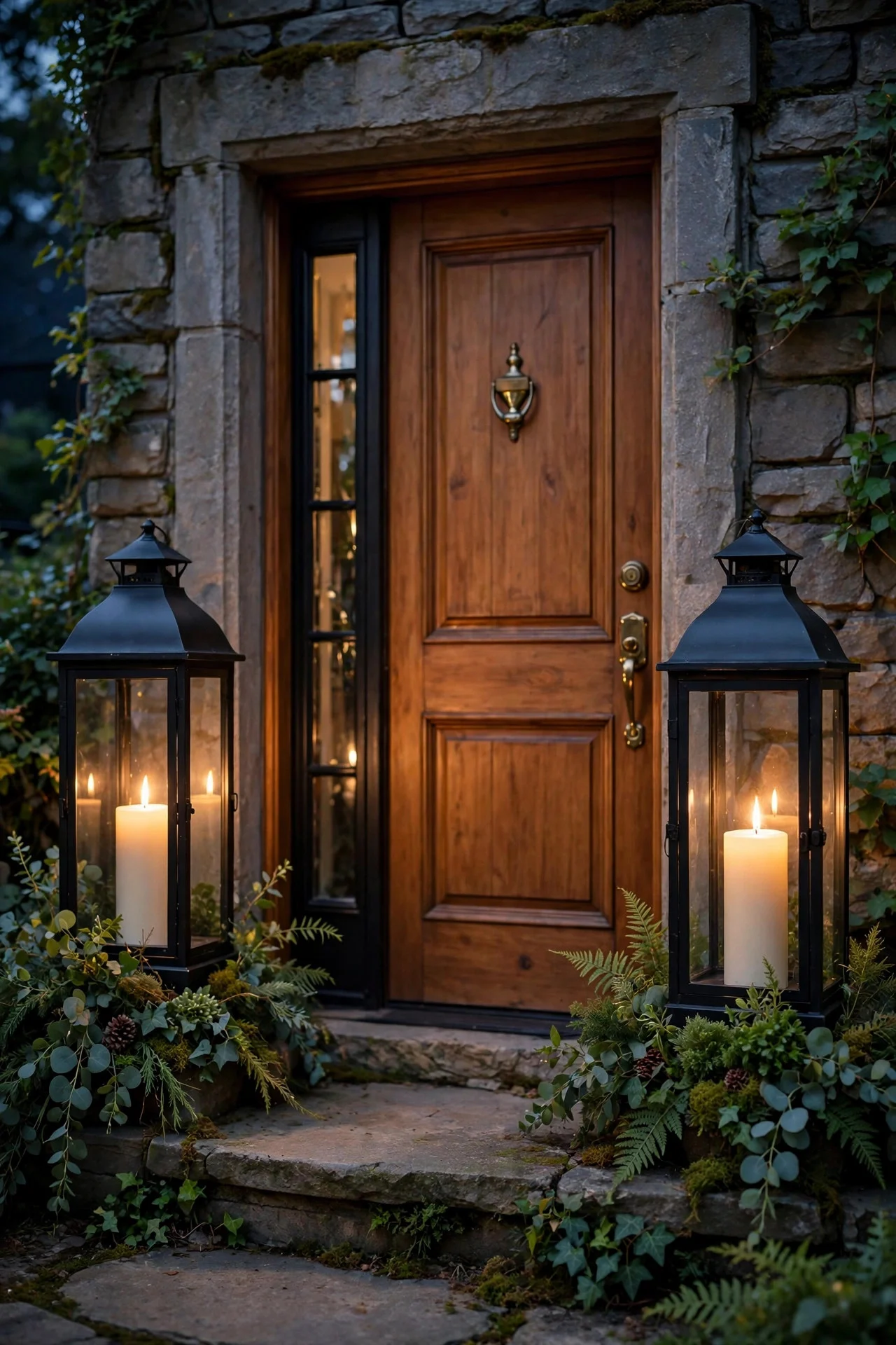 Pair of lanterns with candles flanking a front door