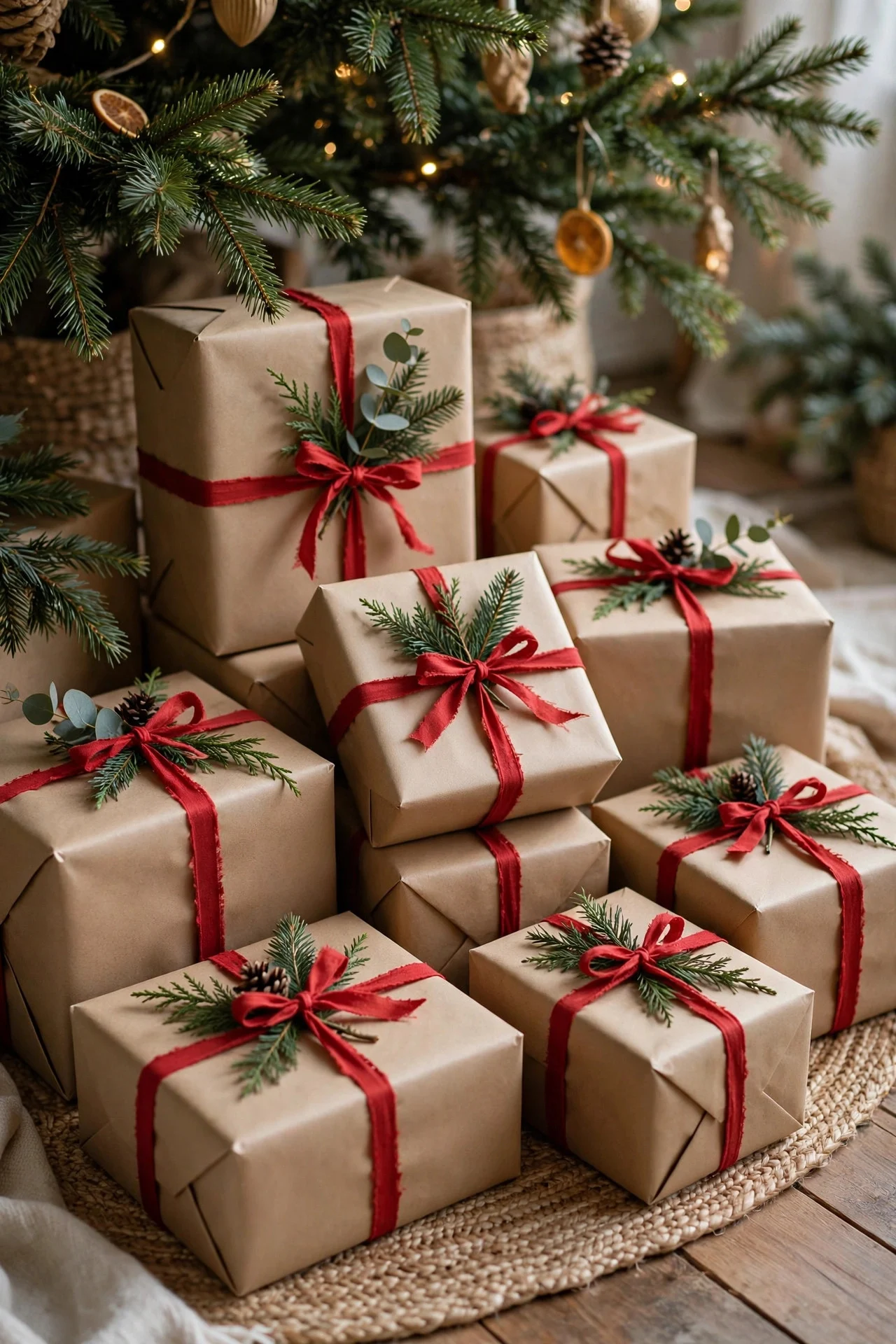 Gifts in matching wrap with ribbon under the tree