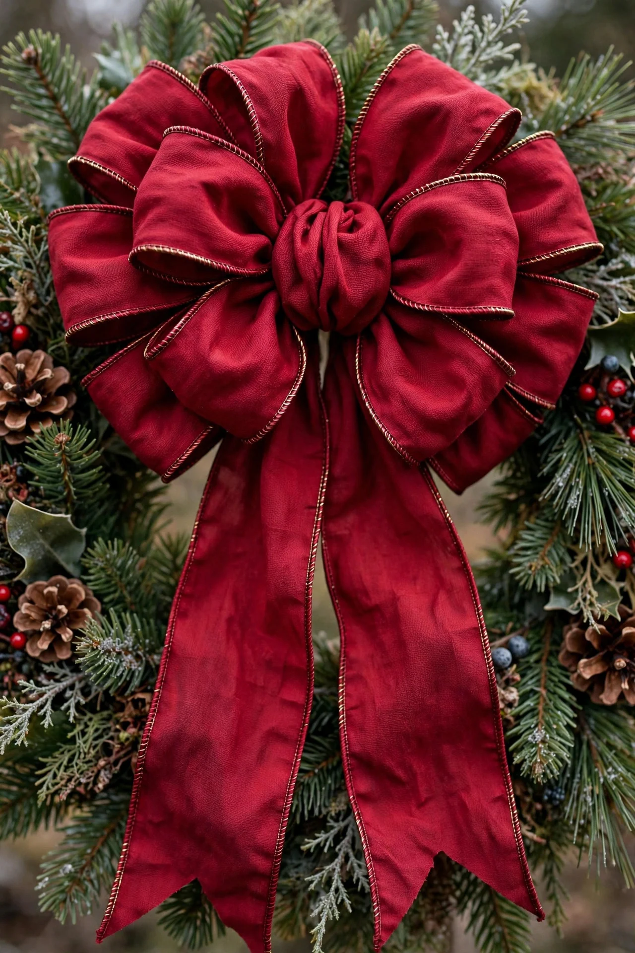 Large handmade bow on a Christmas wreath