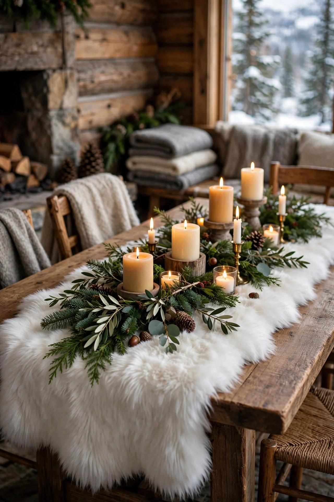 Dining table with faux-fur runner and candles