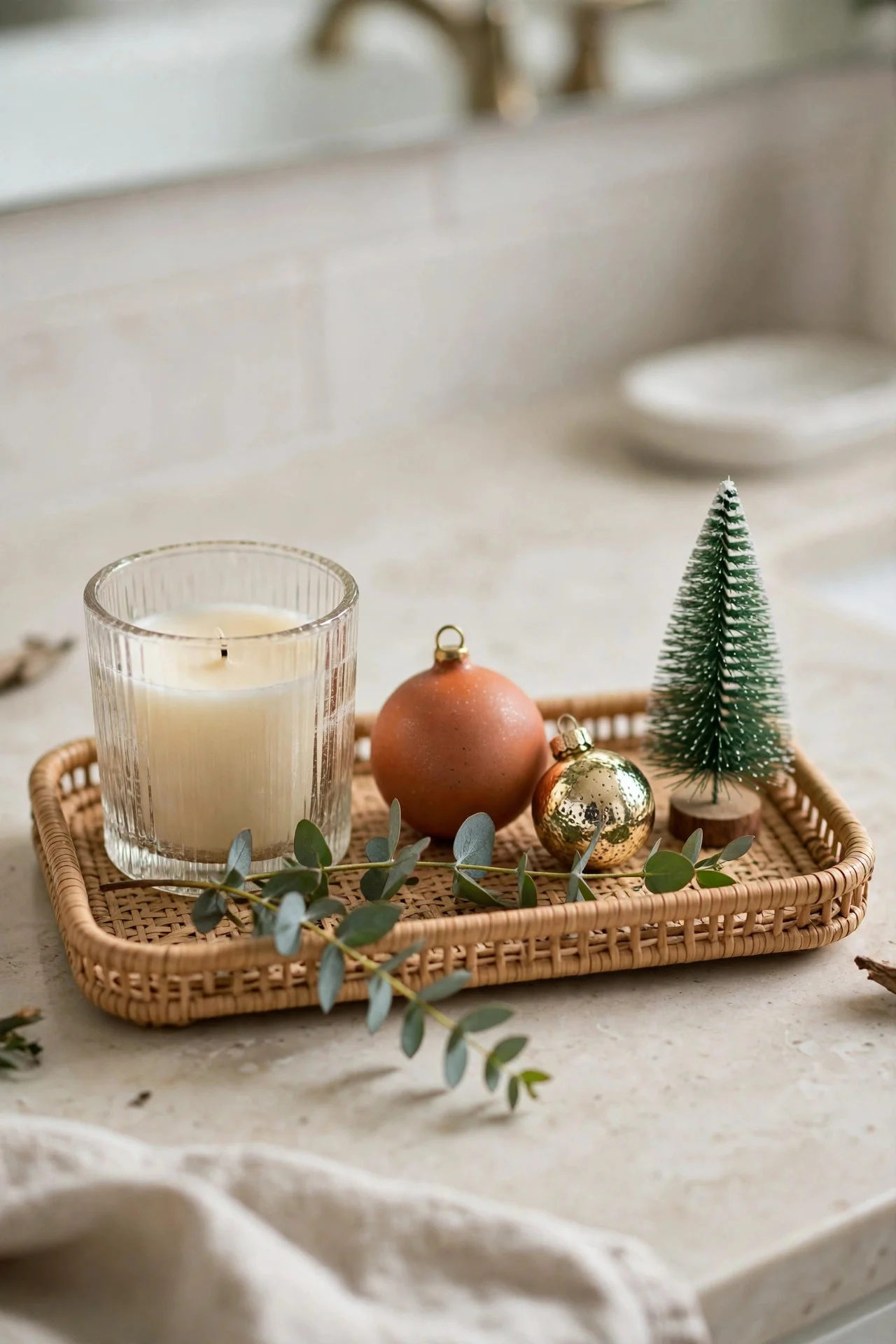 Small Christmas vignette tray on a bathroom counter