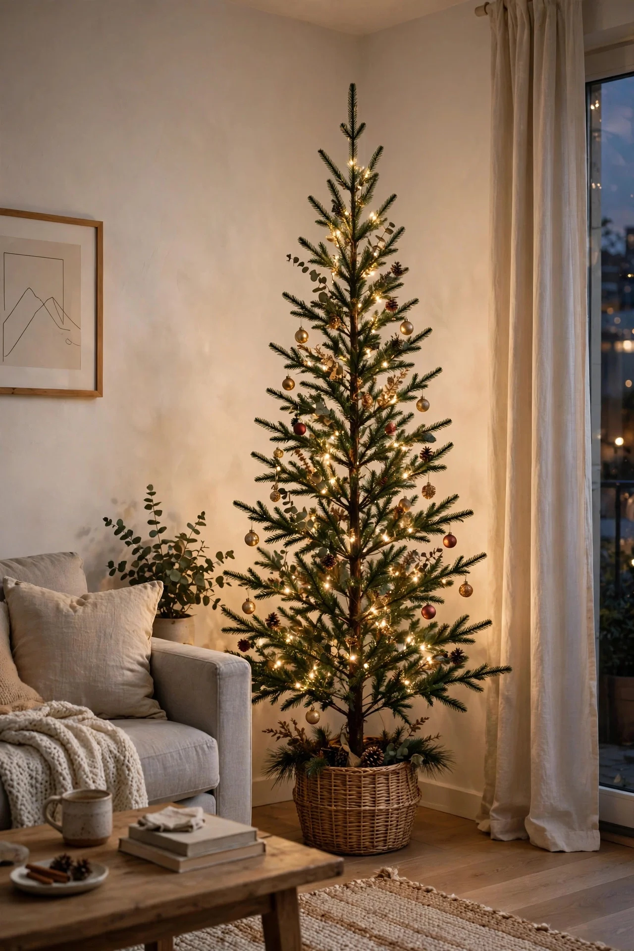 Pencil Christmas tree in a small apartment corner