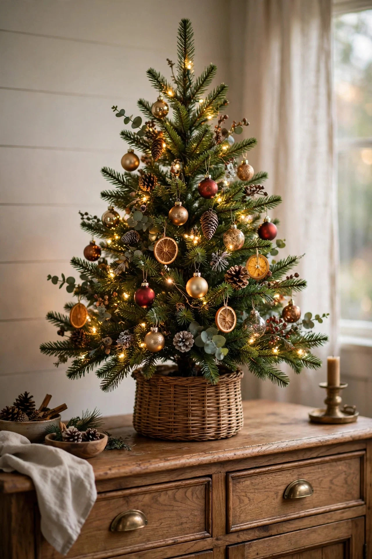 Tabletop Christmas tree styled on a sideboard