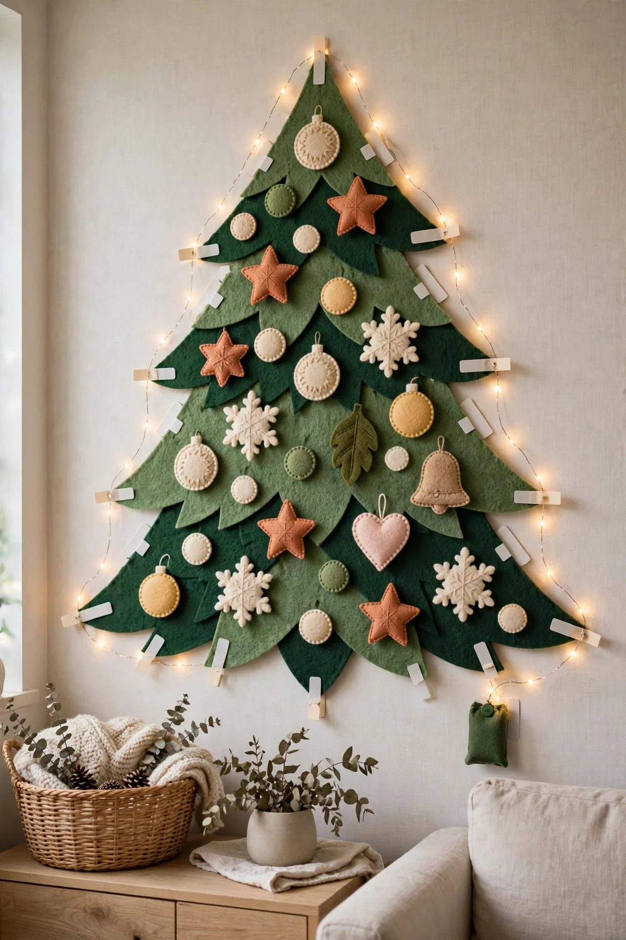 Felt Christmas tree hanging on an apartment wall