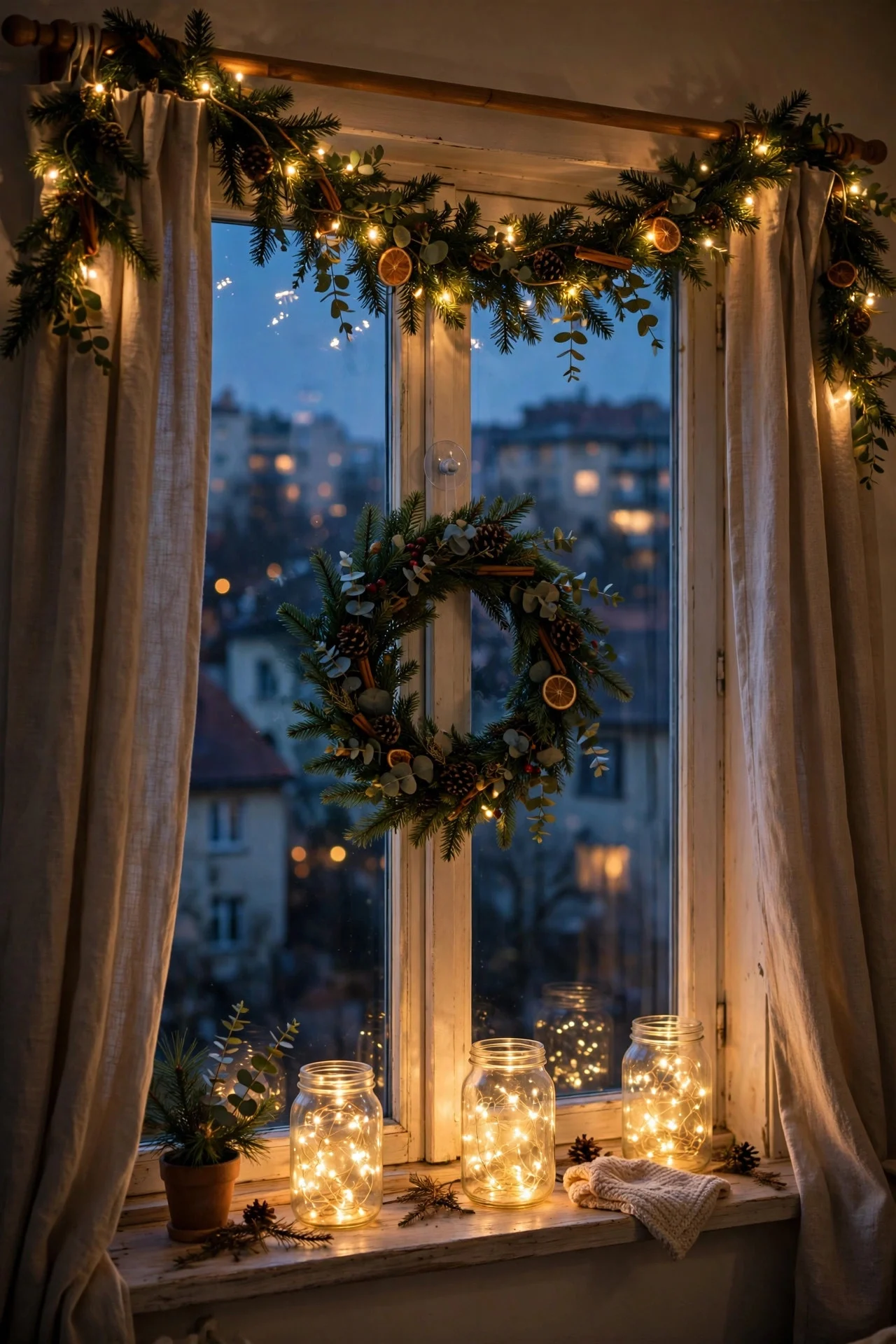 Apartment window with garland, wreath and glowing jars