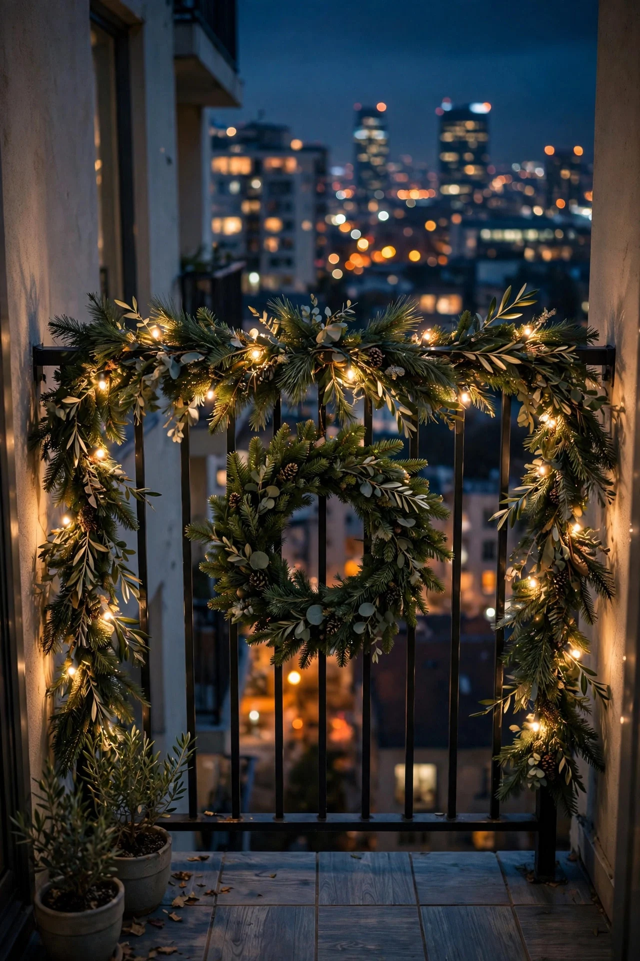 Apartment balcony railing wrapped in Christmas garland with lights