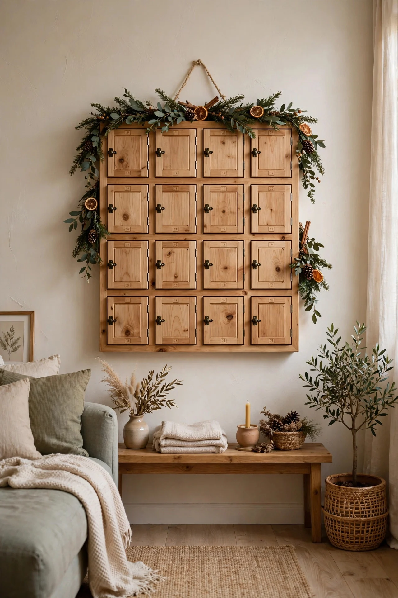 Wooden Advent calendar hung as wall decor