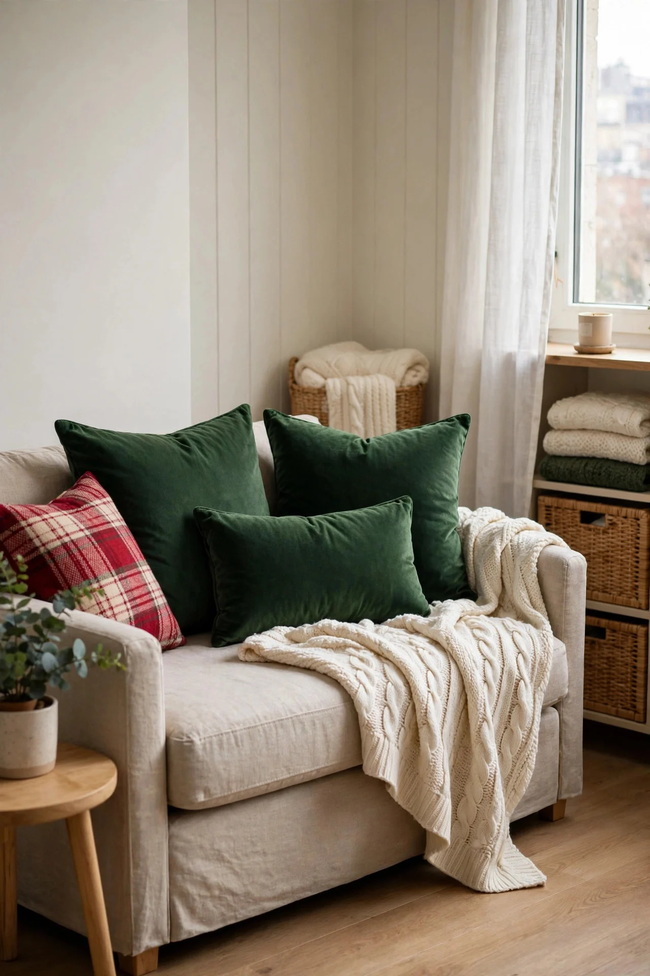Sofa with Christmas textile swap in a small apartment