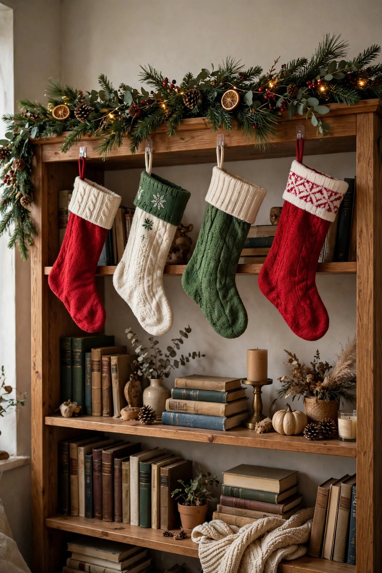 Stockings hung on a bookshelf with garland