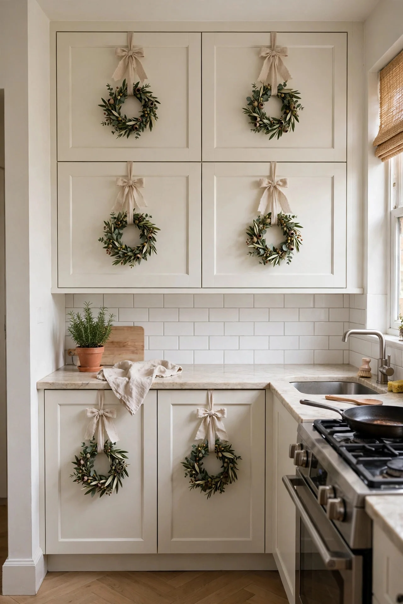 Mini wreaths hung on kitchen cabinet doors