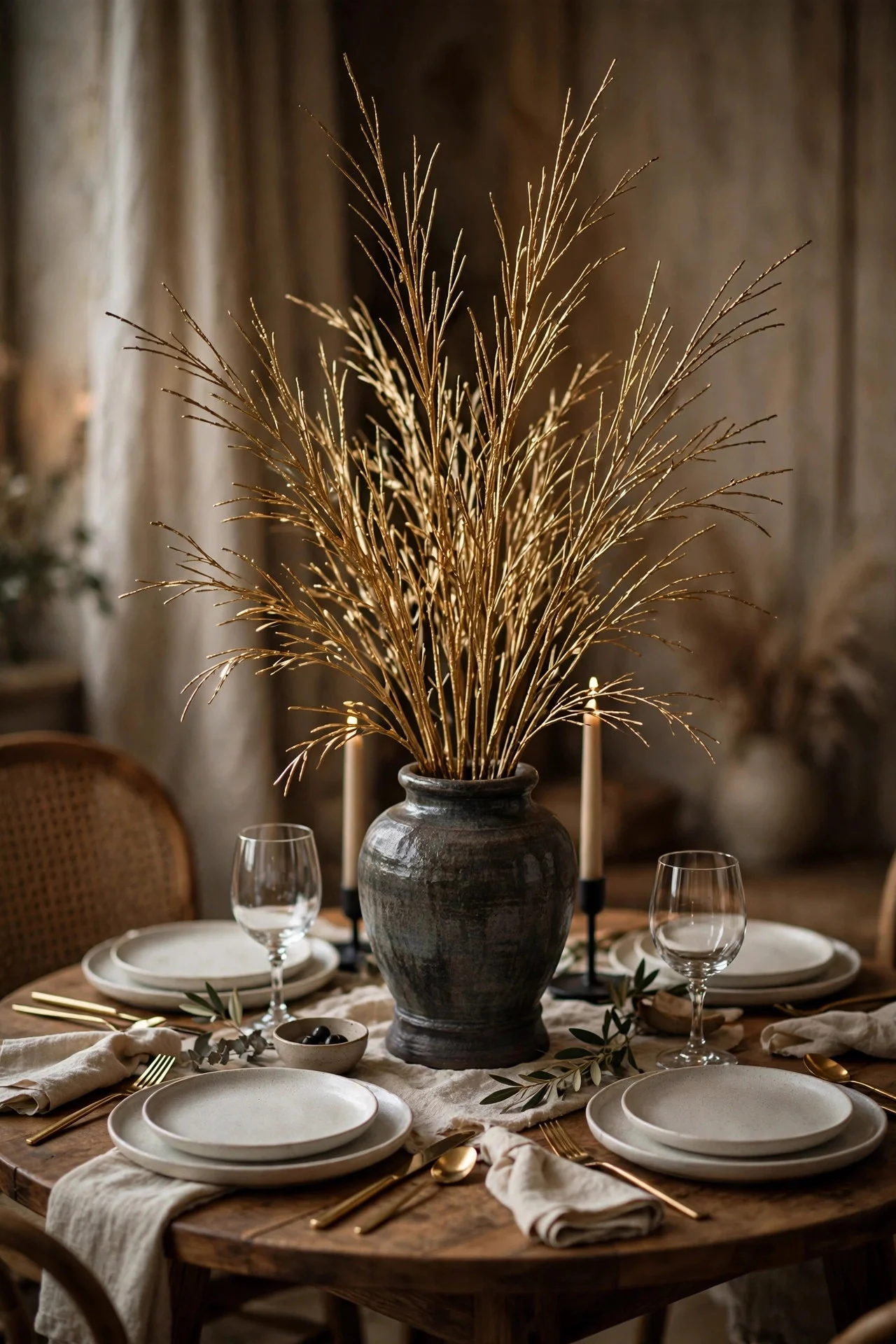 Tall narrow Christmas centerpiece on a small dining table