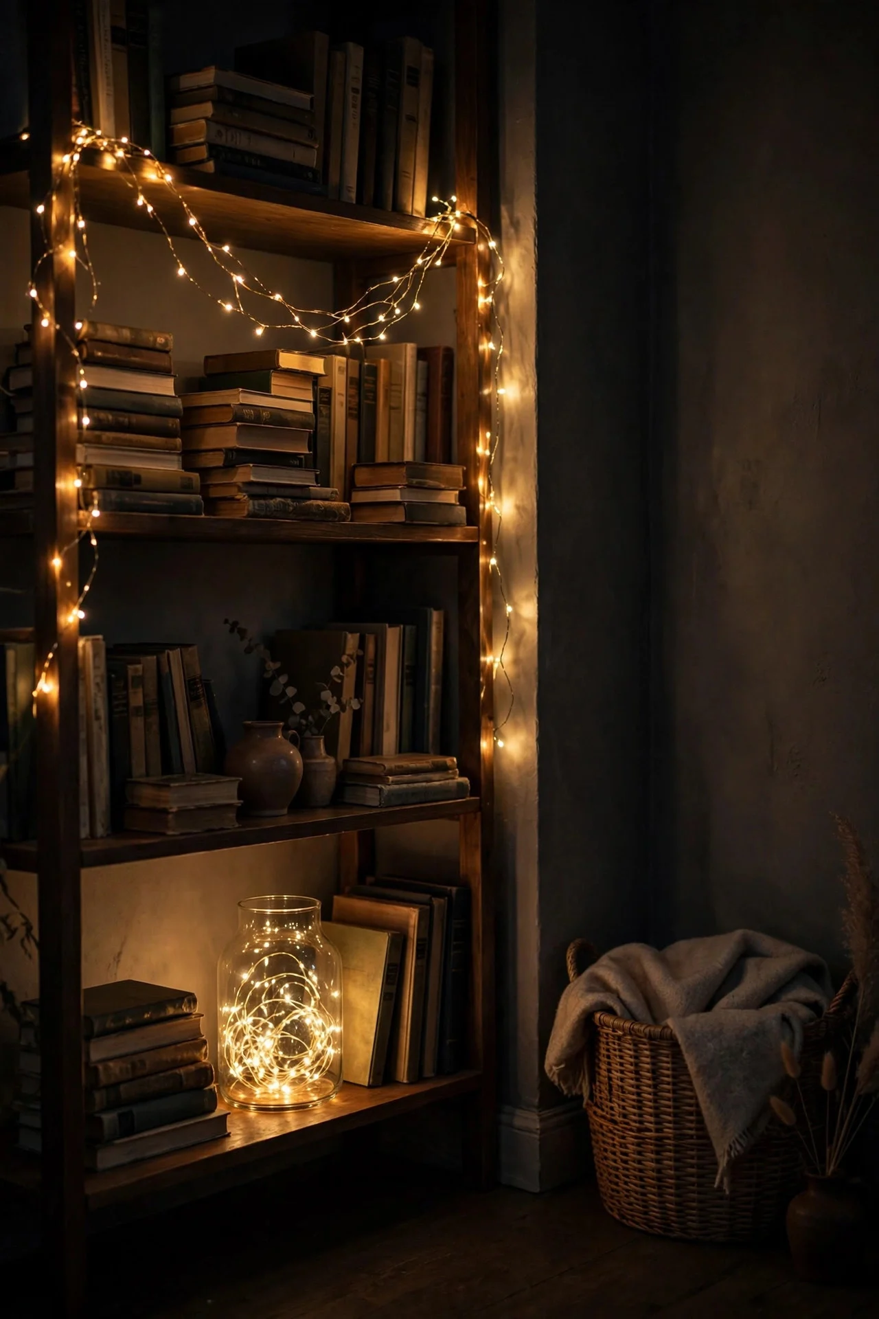 Dark corner lit with warm fairy lights