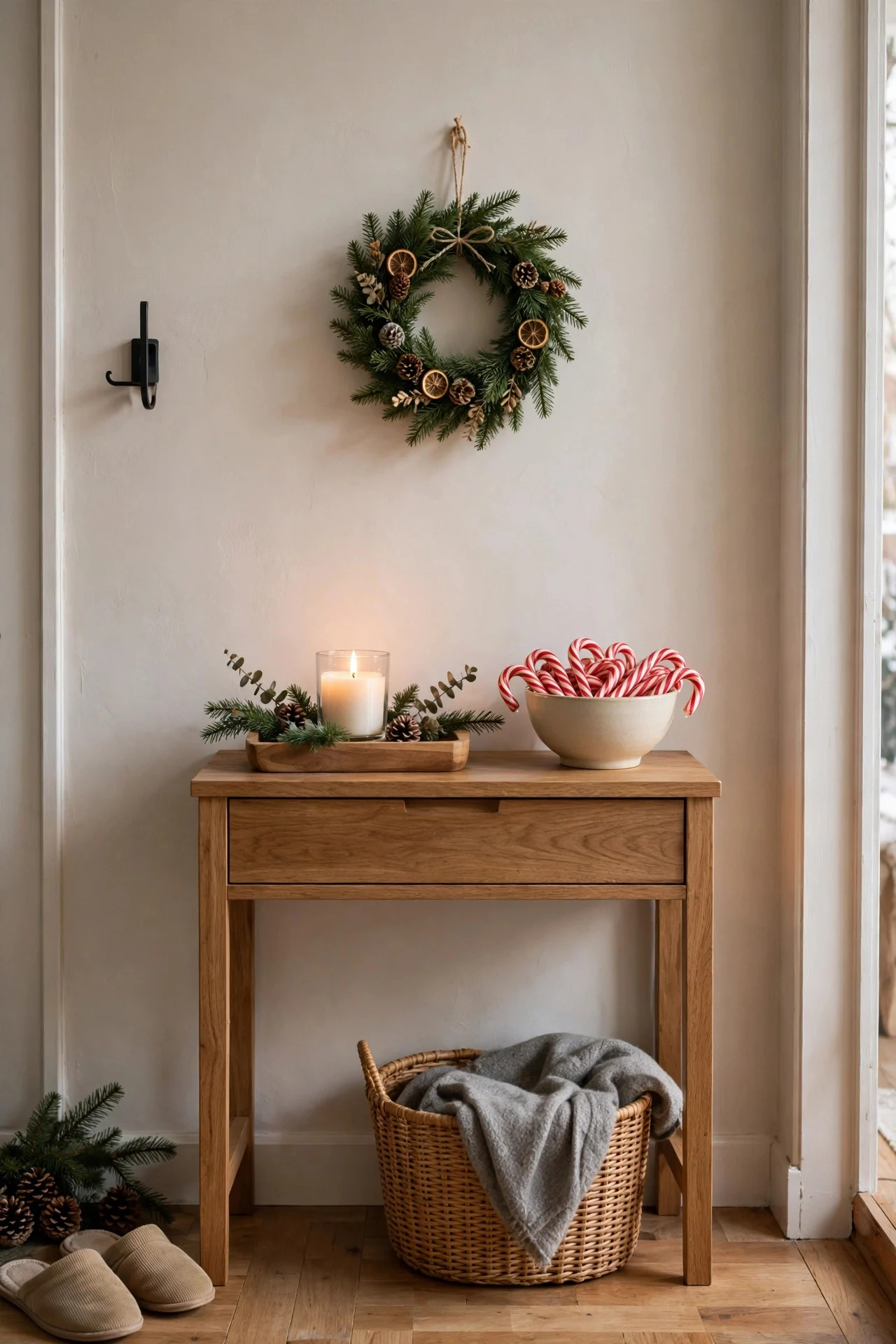 Entryway console styled with a Christmas vignette