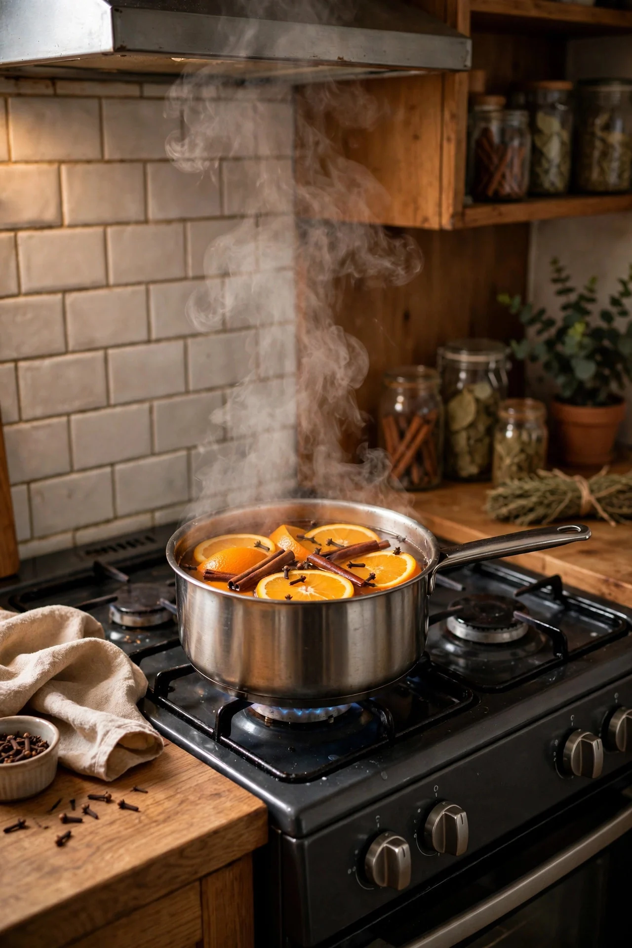 Simmer pot steaming on a small apartment stove