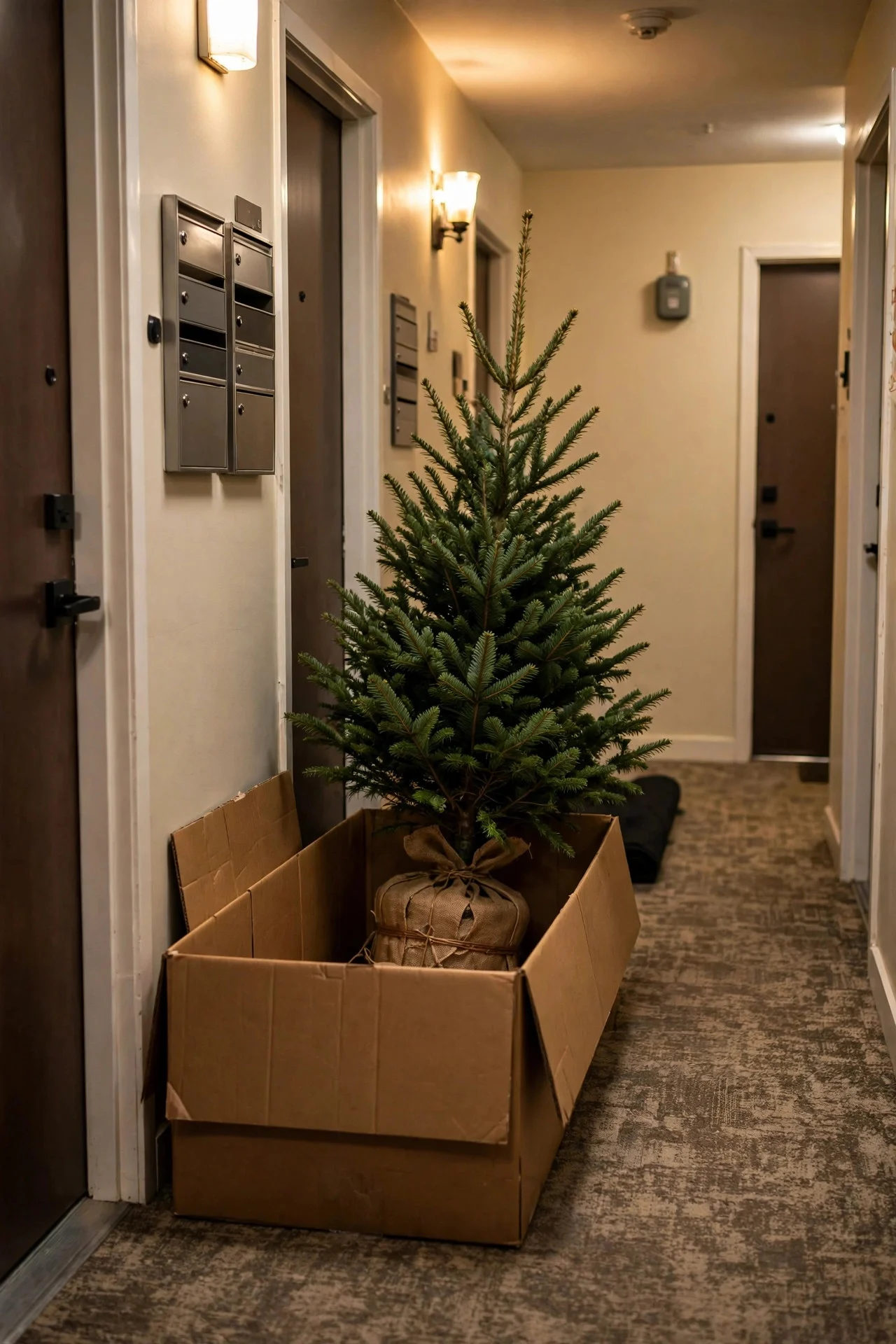Borrowed Christmas tree in a box in an apartment hallway