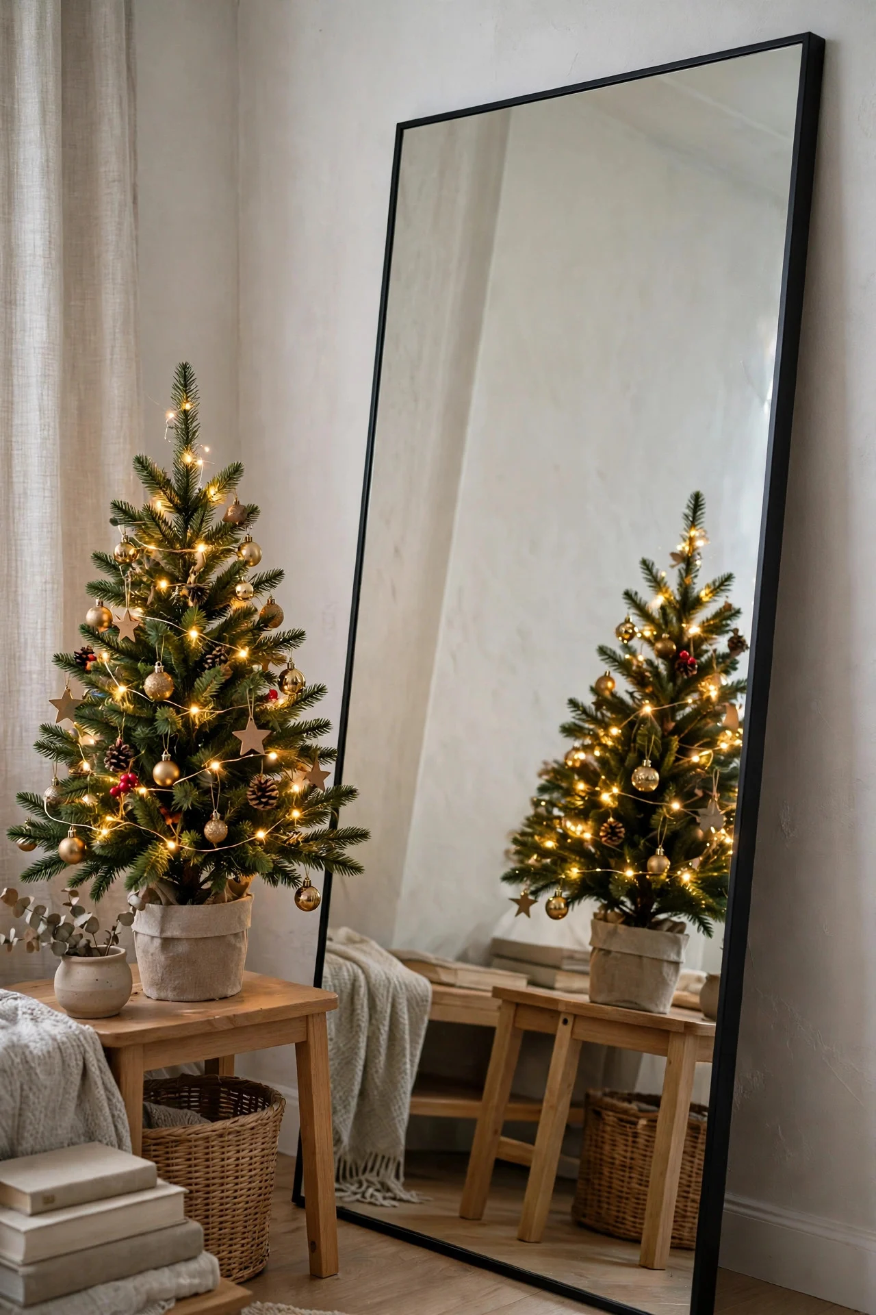 Christmas tree reflected in a mirror doubling the decor