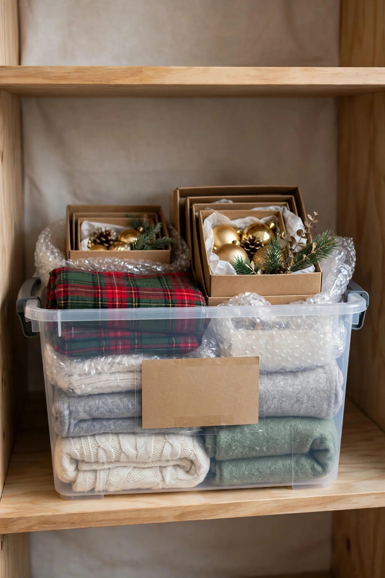 Single storage bin with organized Christmas decor