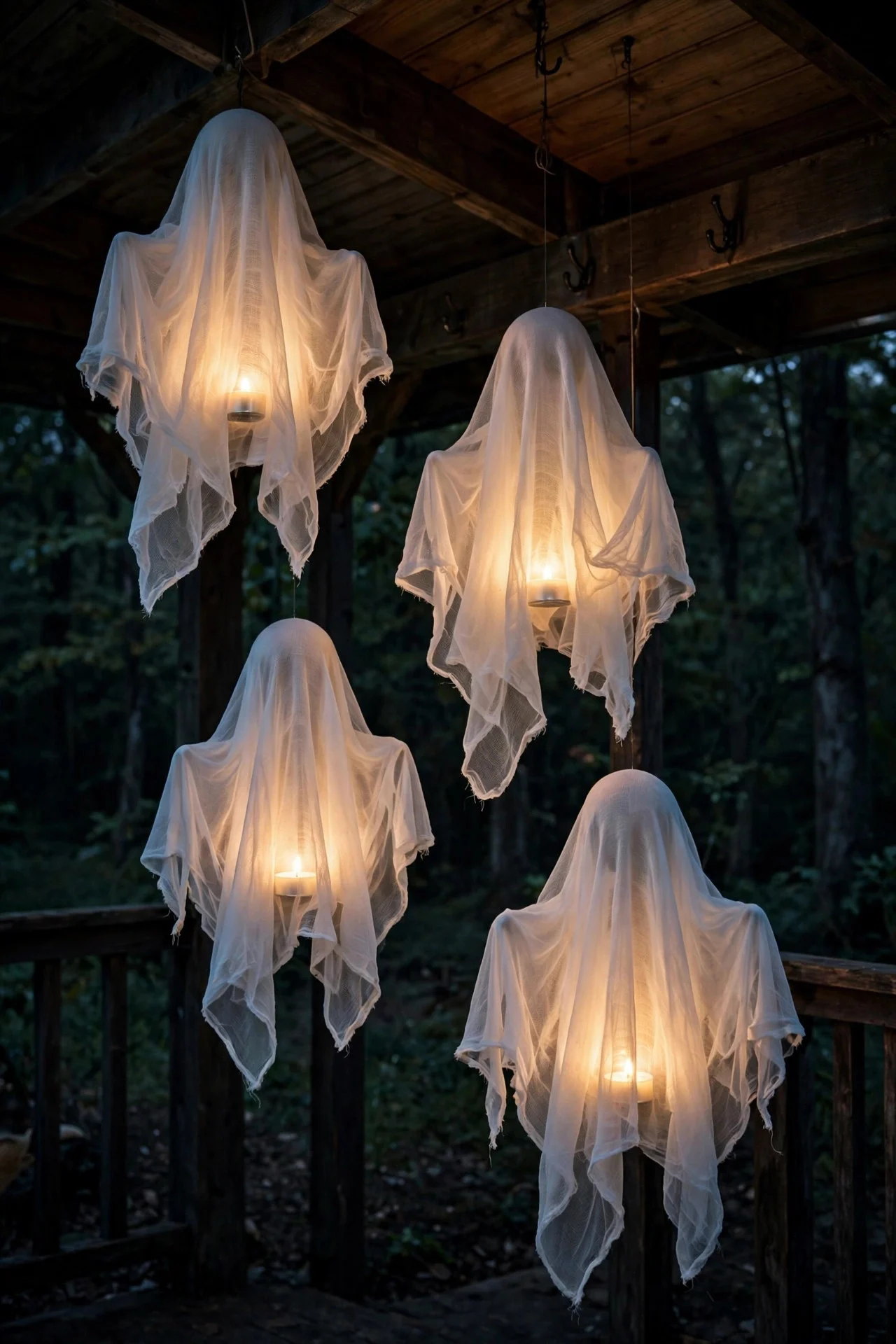 Floating cheesecloth ghosts glowing on a porch