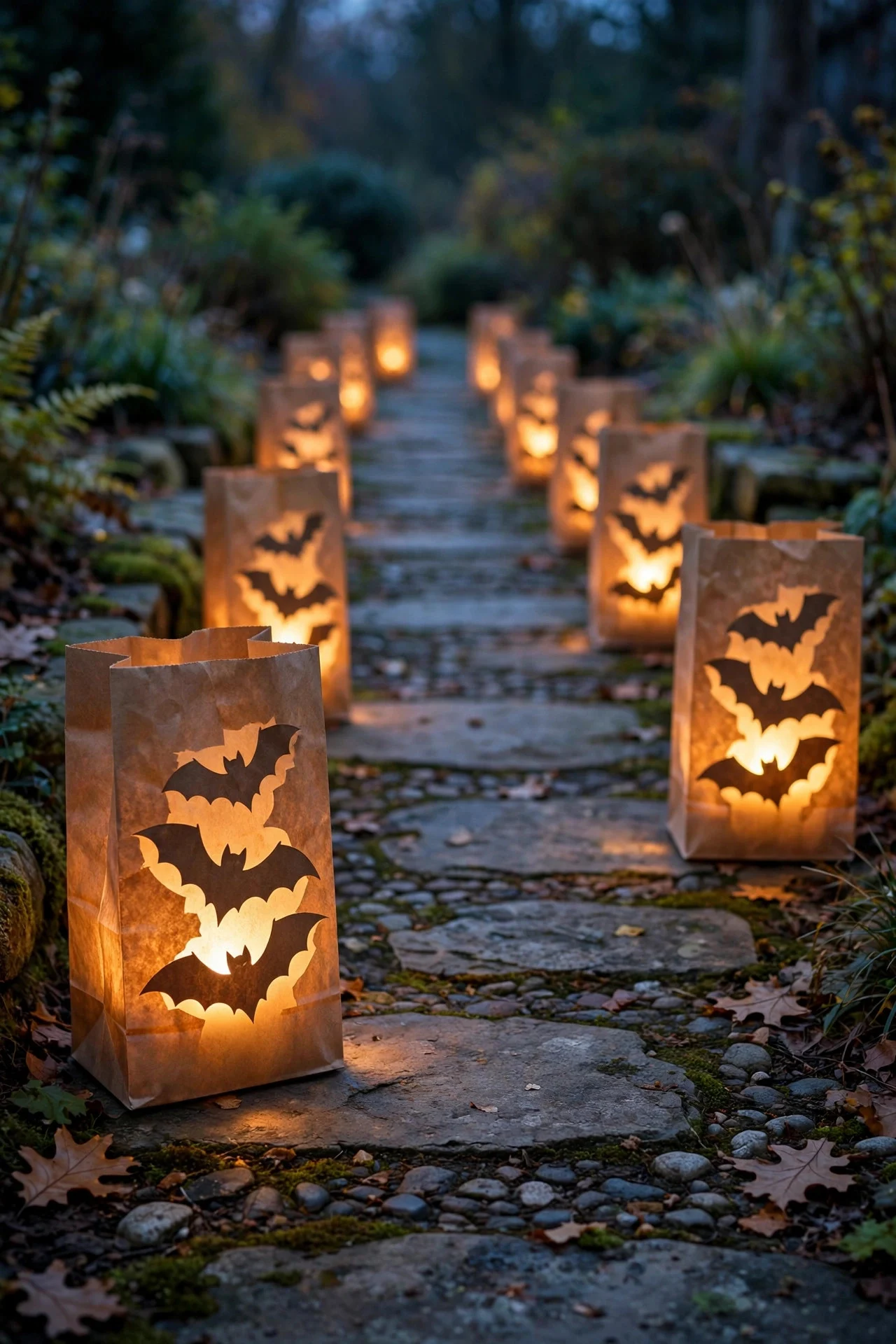 Paper bag Halloween luminaries glowing along a walkway