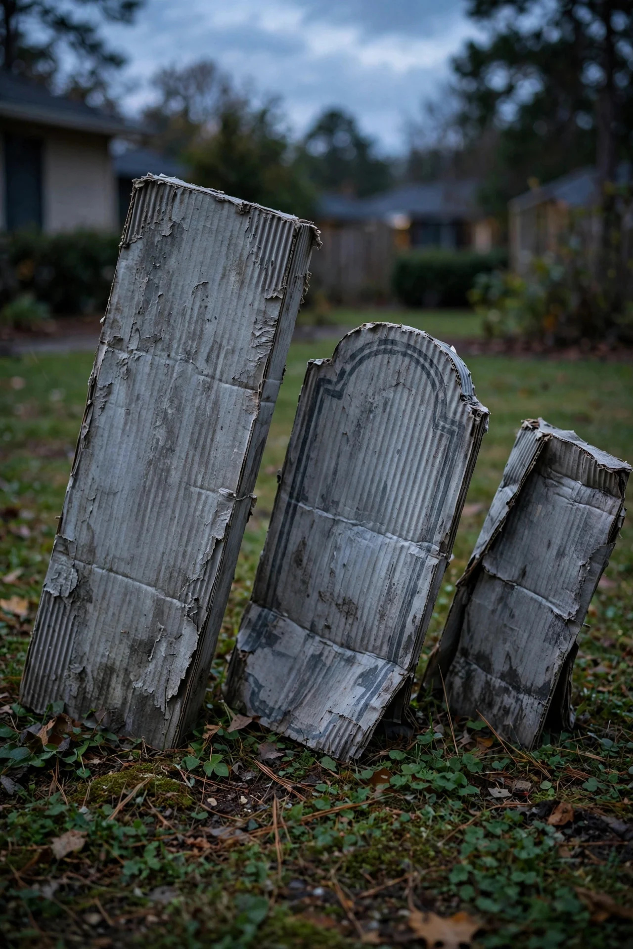 DIY cardboard tombstones in a front yard