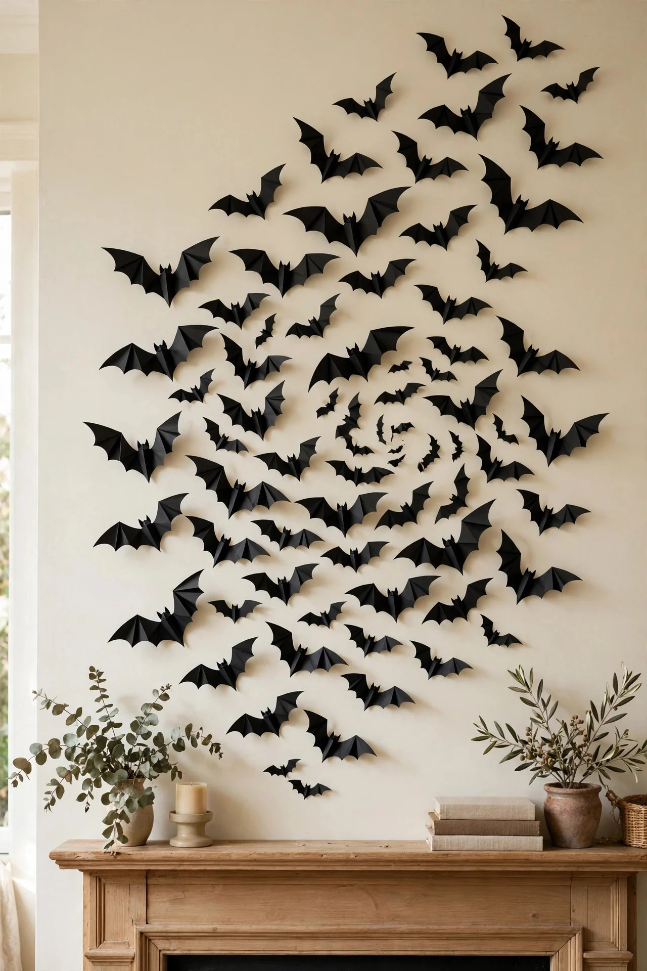 Black cardstock bat colony swirling up a living room wall