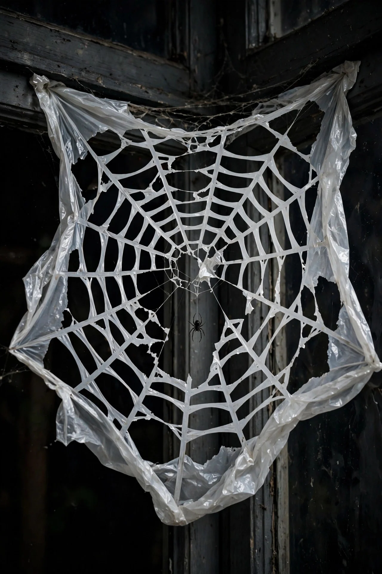 Giant trash-bag spiderweb in a window corner